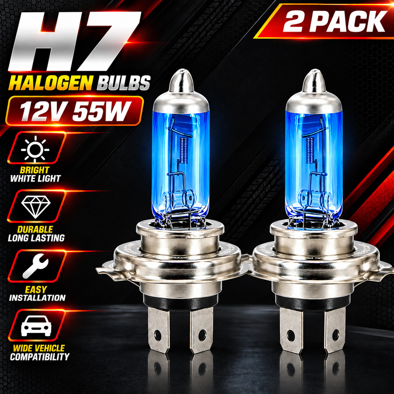 H7 Halogen Headlight Super Bright White Bulbs Kit 6000K High/Low Beam 2-Pack