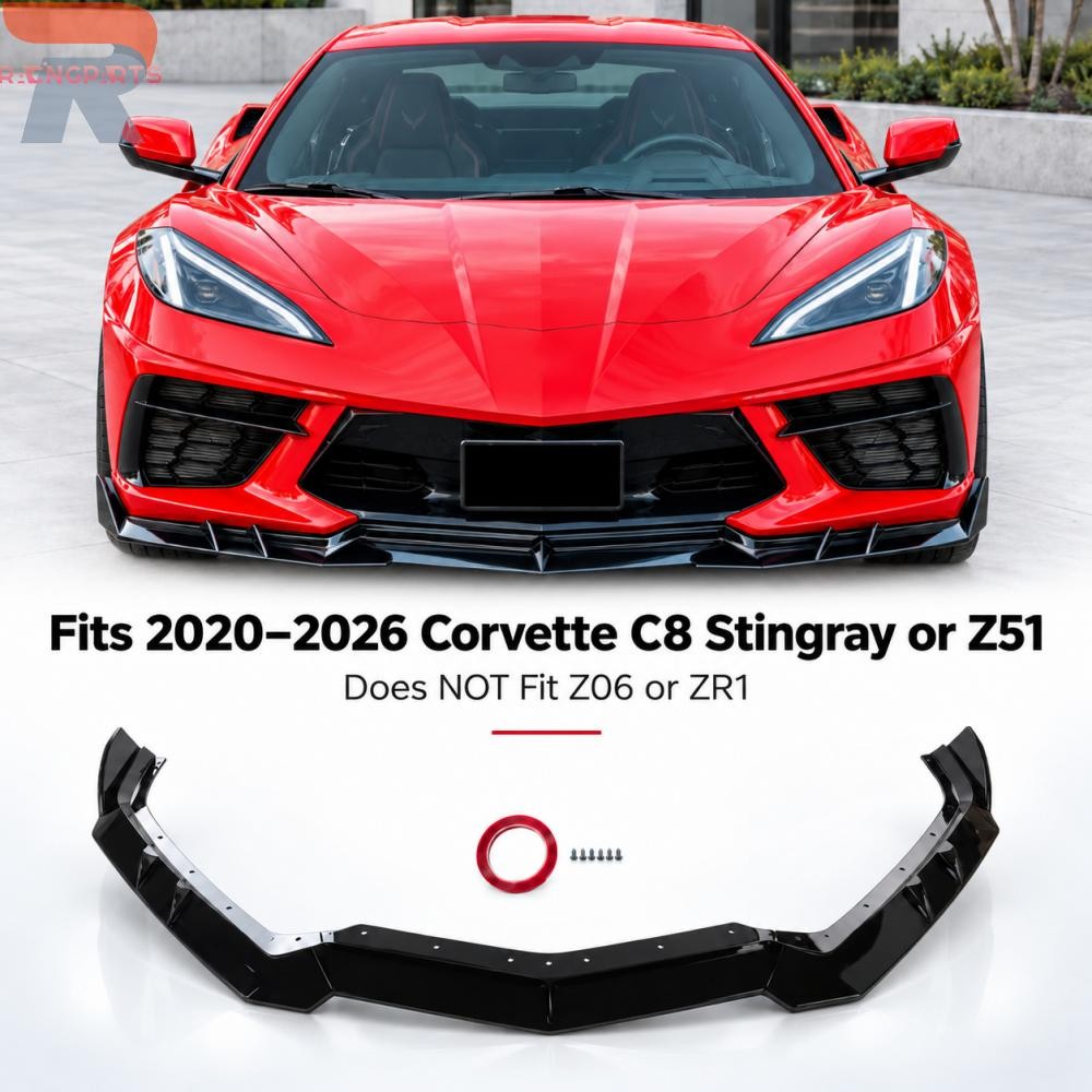 For 2020-2026 Corvette C8 Z51 Stingray 3Pc Gloss Black Front Bumper Lip Splitter