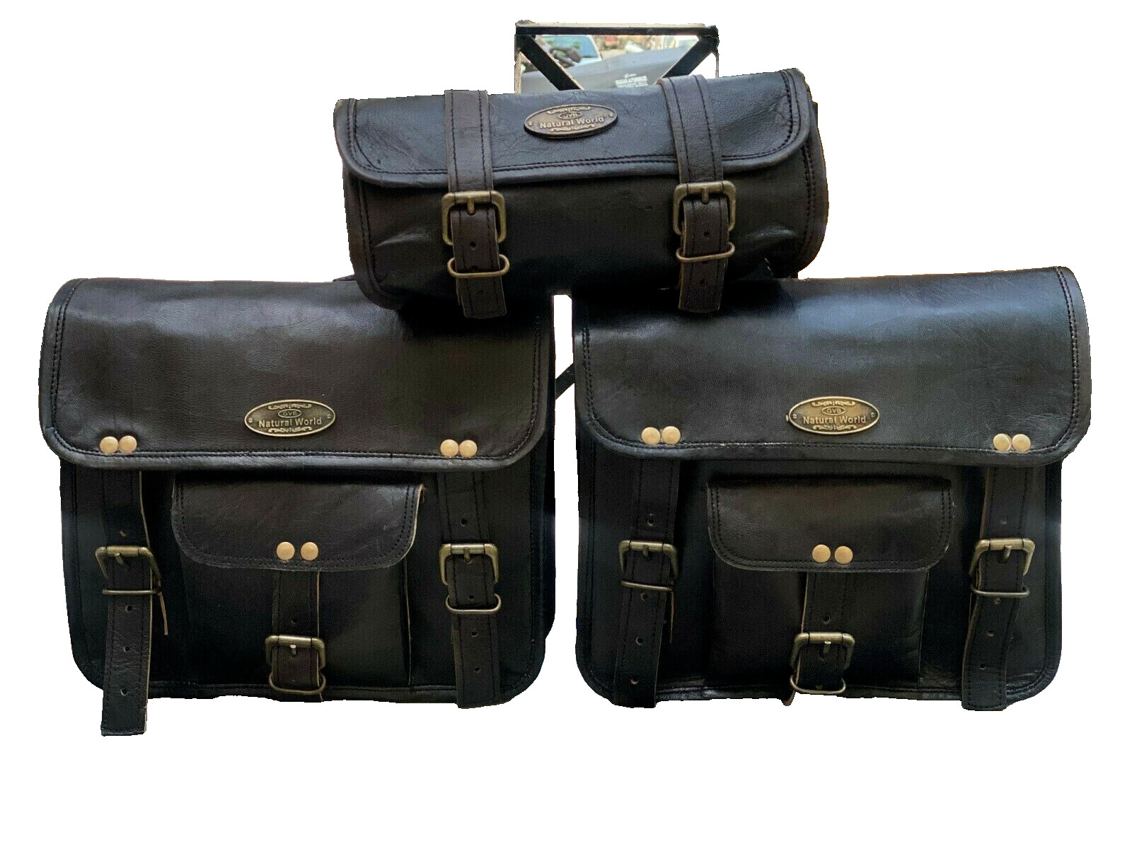 Hi Quality Black Leather Motorcycle Combo Saddle 3 Bags Saddle Luggage Bag