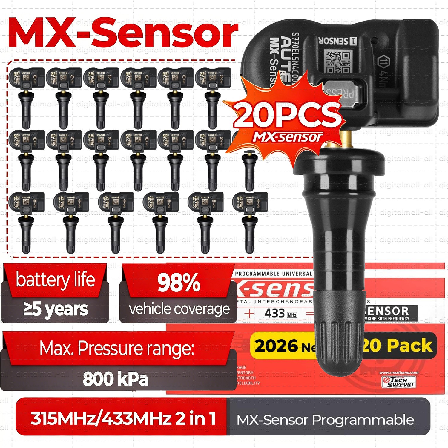 20PCS Autel TPMS MX-Sensor 2in1 315MHz 433MHz OE Universal Sensors Programmable