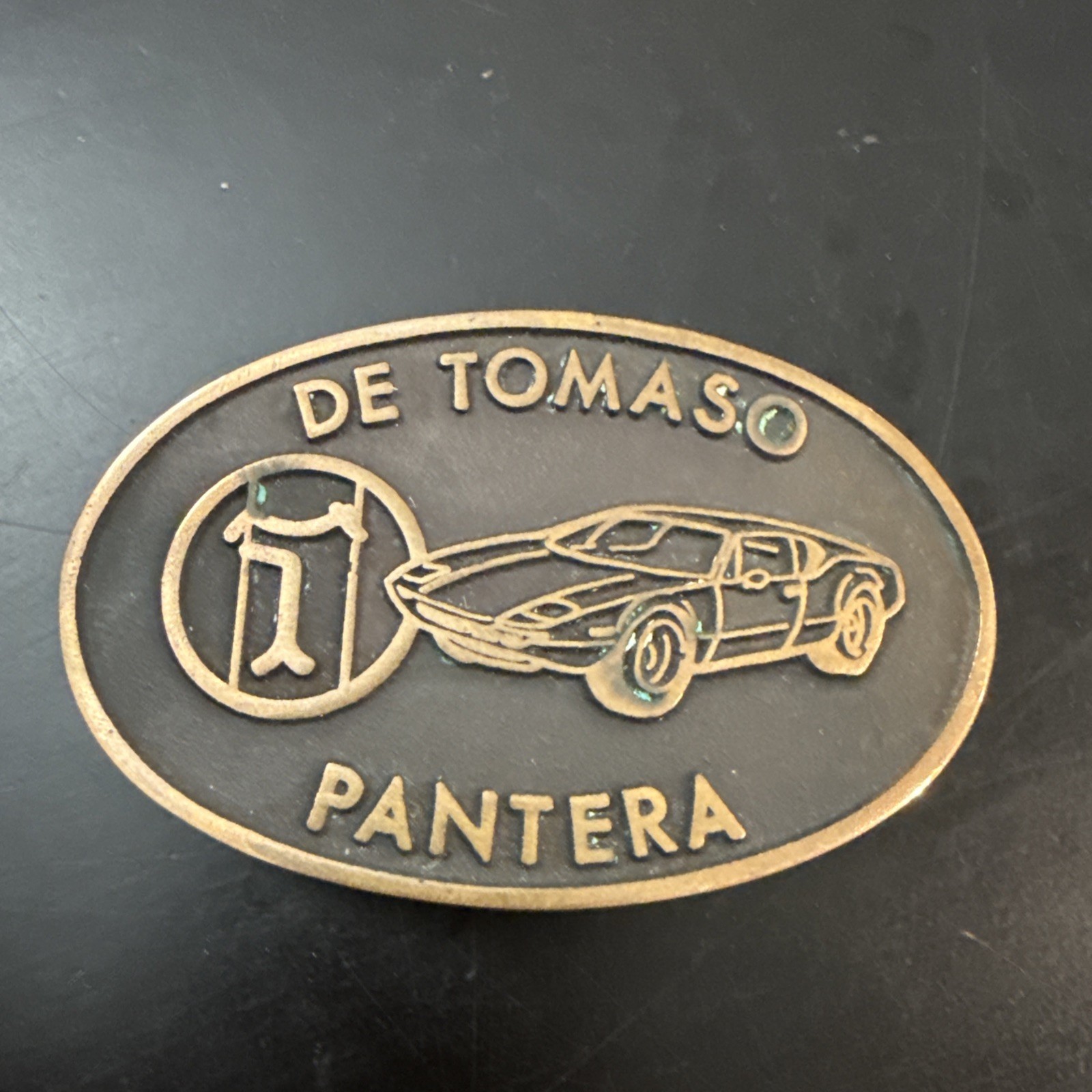 Very rare original DeTomaso Pantera all brass belt buckle vintage exotic car