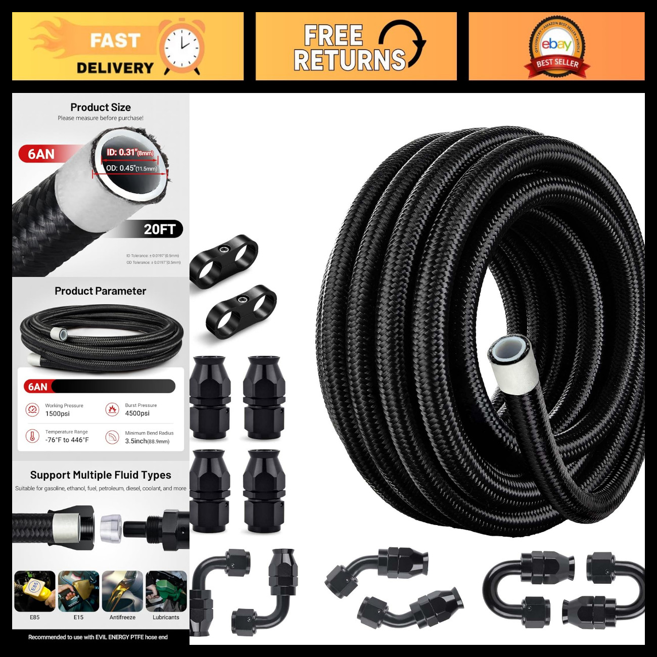 6AN PTFE Fuel Line Kit - AN6 E85 Nylon Braided Hose 20FT - High-Performance Fuel