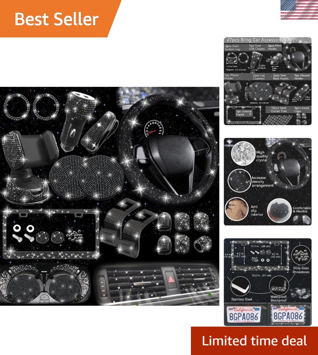 27 PCs Black Bling Car Accessories Set for Women, Steering Wheel Covers Unive...