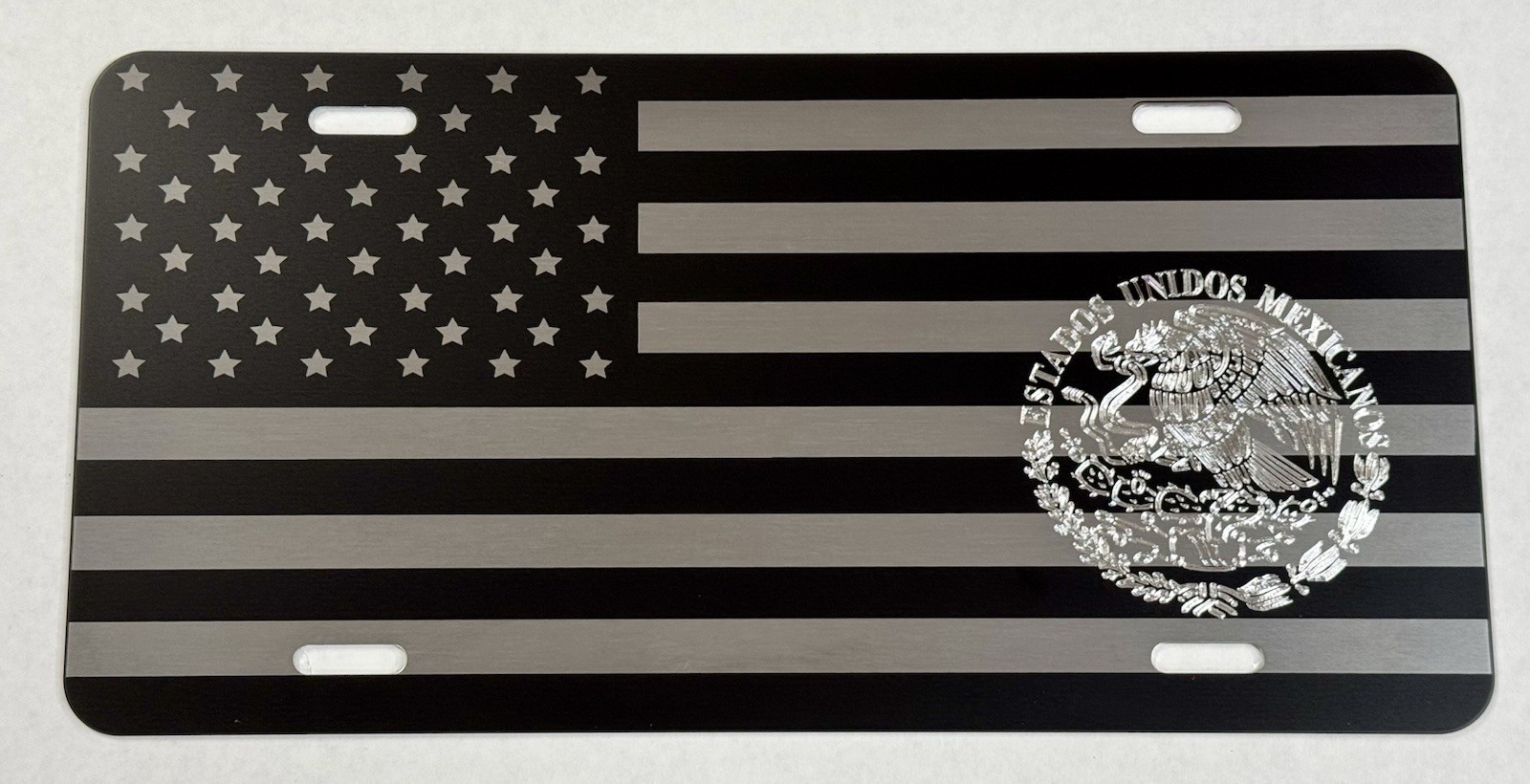 Combo Laser US Flag & Diamond Etched Mexico Eagle Logo Car Tag License Plate