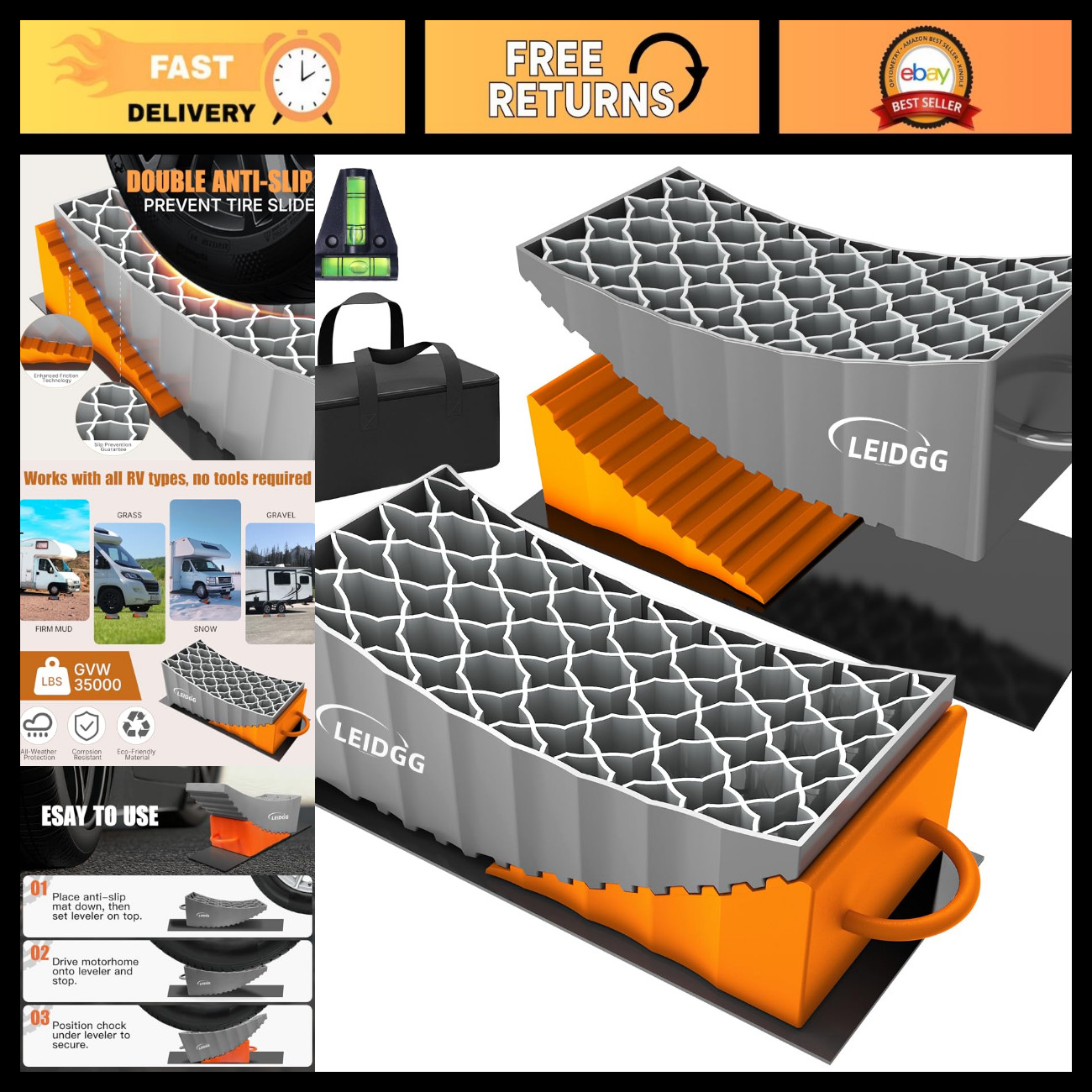 Heavy-Duty RV Leveling Blocks with Handles - 35,000 lbs Load Capacity, Easy Use Heavy-Duty RV Leveling Blocks with Handles - 35,000 lbs Load Capacity, Easy Use