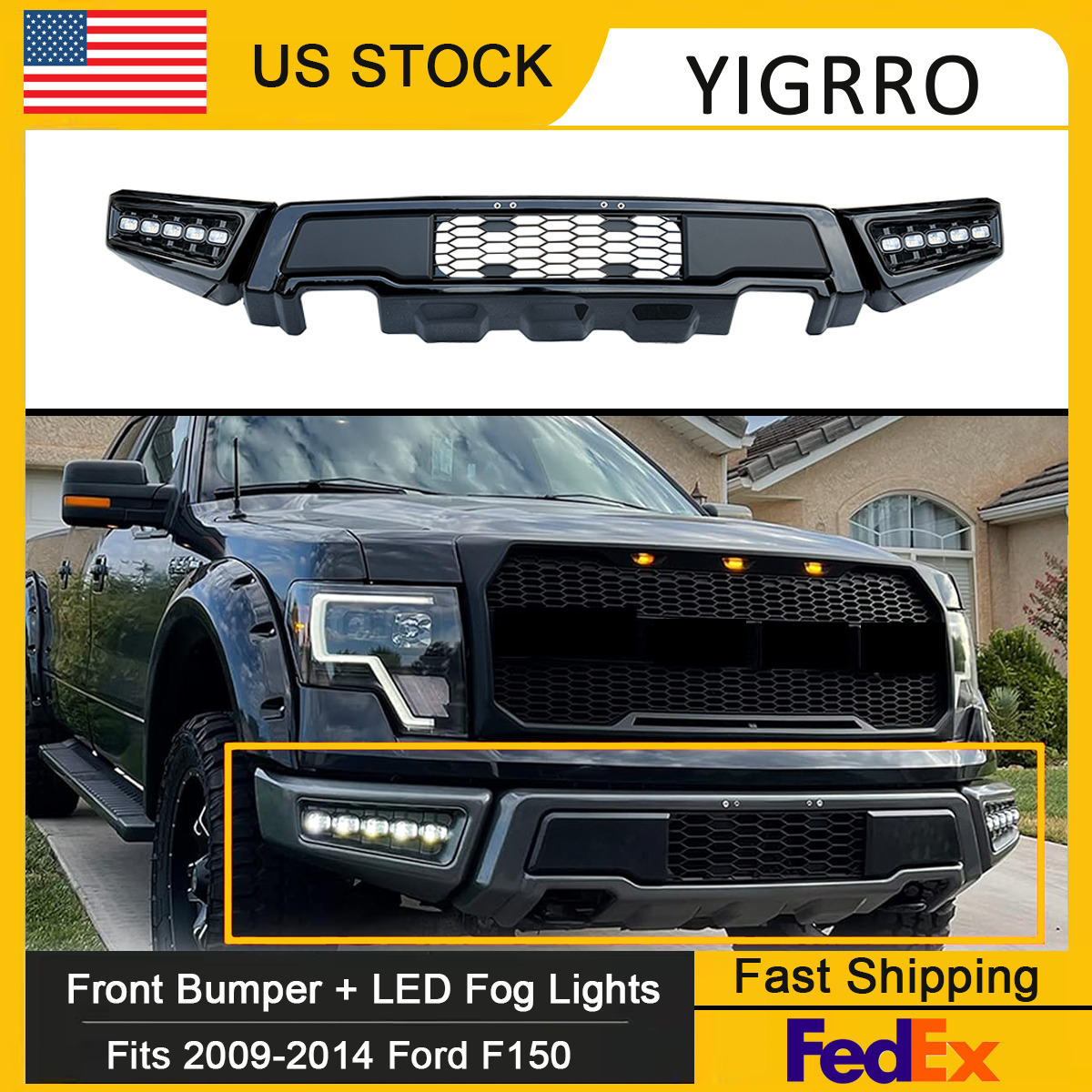 Front Bumper For 2009-2014 Ford F150 F-150 Steel Black Raptor Style W/LED Lights