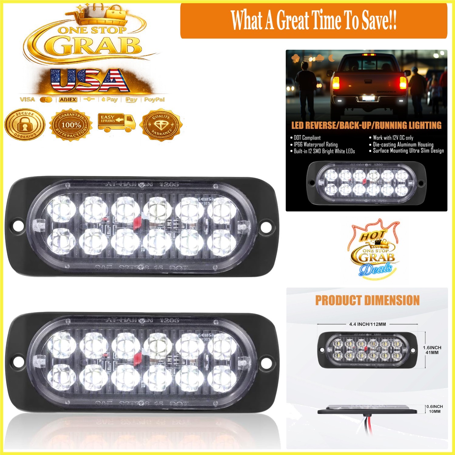 2 Pack White LED Reverse Backup Lights Waterproof Surface Mount DOT Compliant 2 Pack White LED Reverse Backup Lights Waterproof Surface Mount DOT Compliant