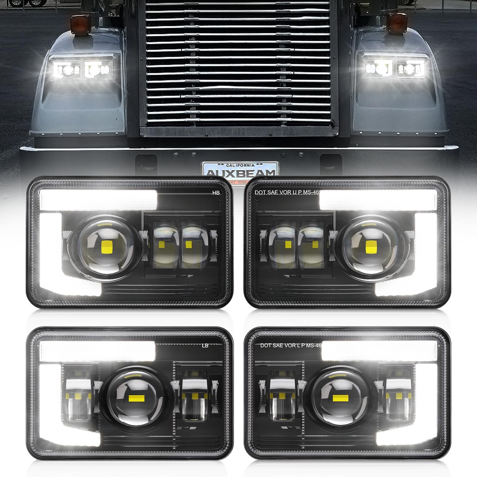 Auxbeam 4x6 LED Headlights DOT Approved with DRL 4PCS - Black