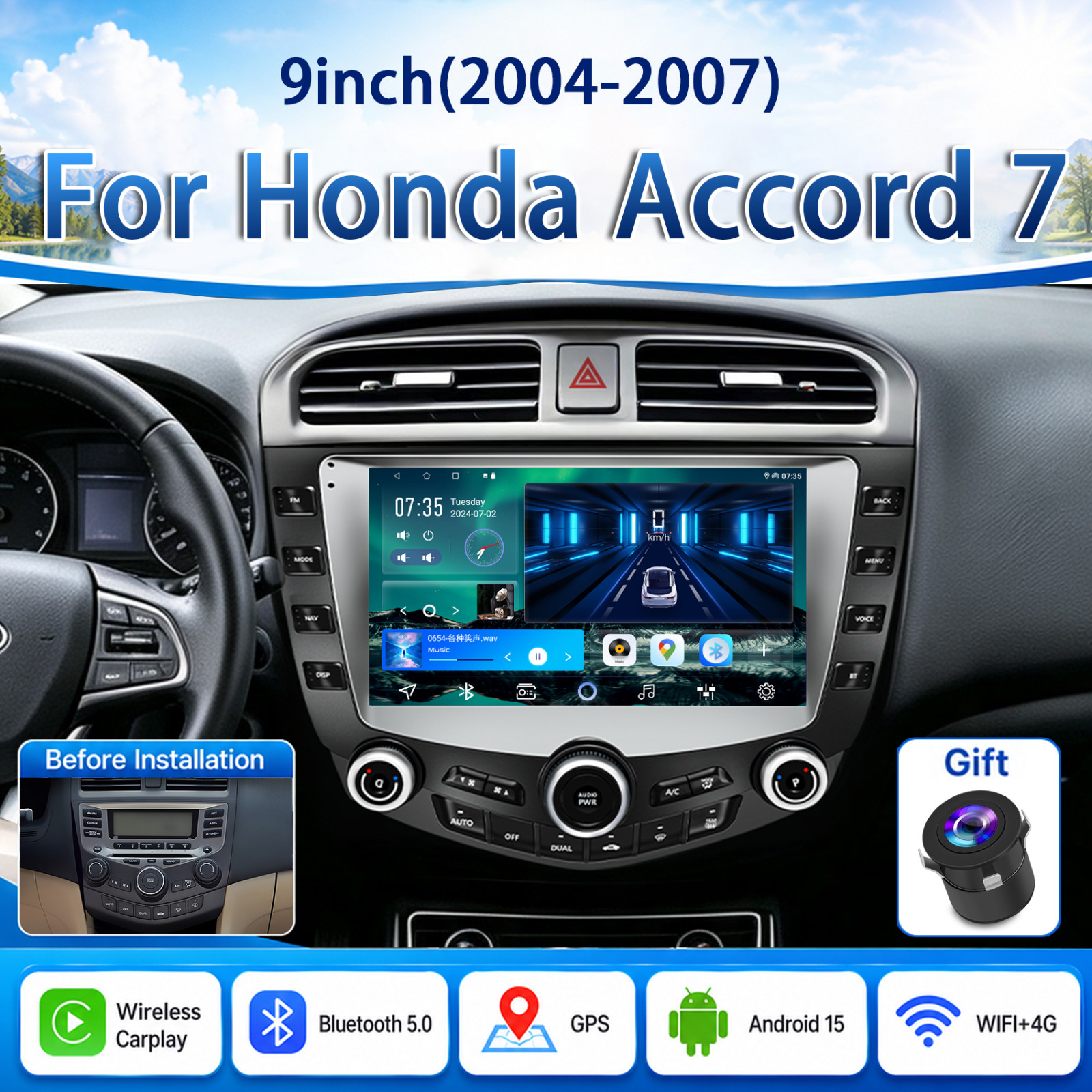For Honda Accord 7 2003-2007 Apple CarPlay Android 15 Car Stereo Radio GPS+Cam
