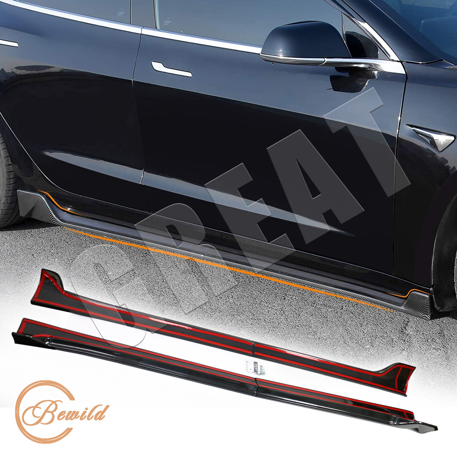 For 2017-2022 Tesla Model3 Side Skirts Extension Lip Side Trim Carbon FiberColor