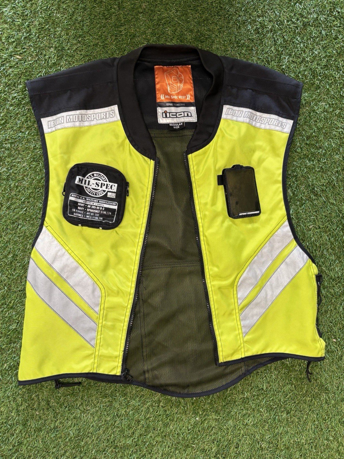 Icon Motorsports Mil Spec Mesh Motorcycle Vest Yellow Reflective Regular Size