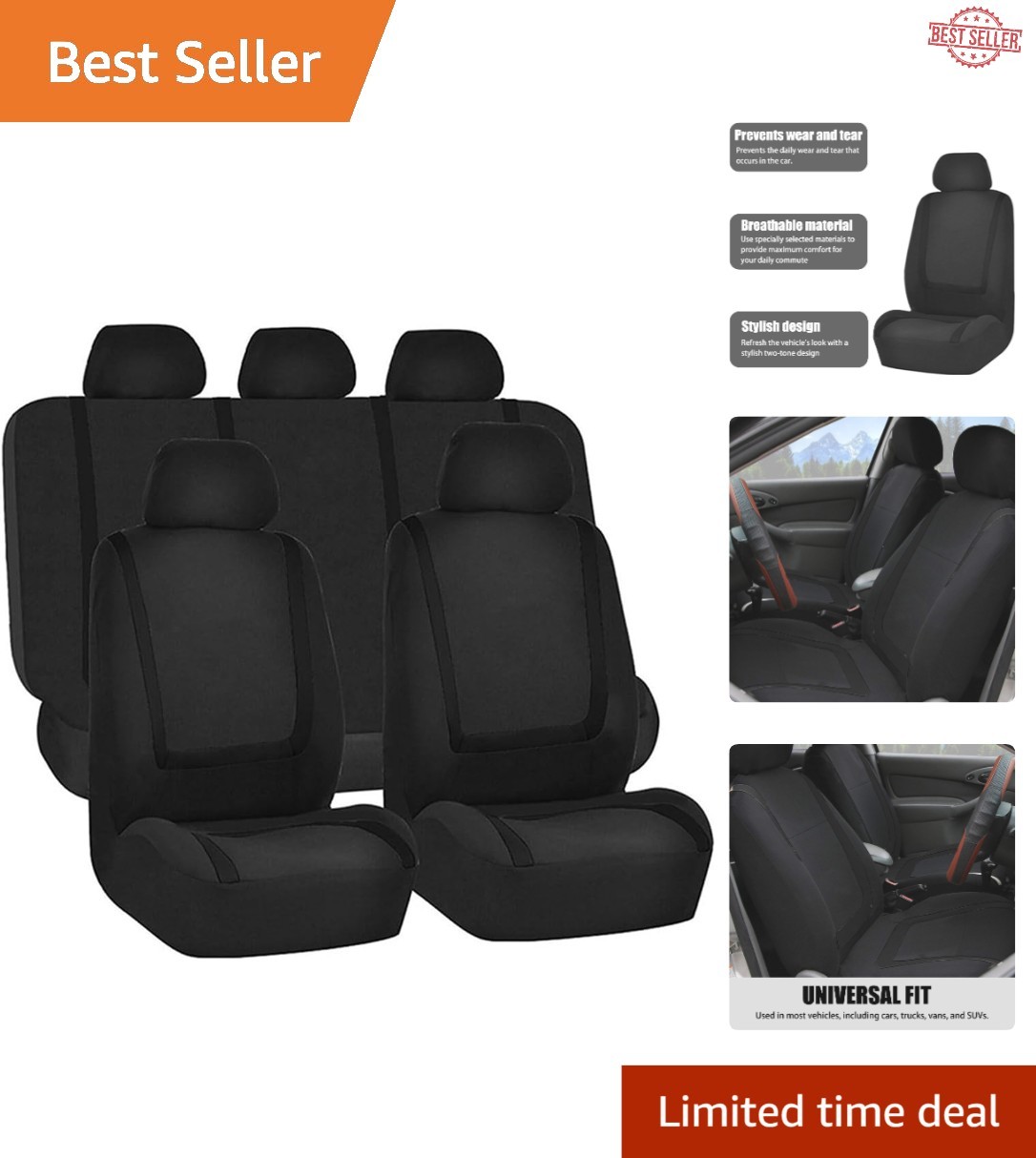 Universal 9-Piece Black Polyester Car Seat Cover Set - Effortless Protection