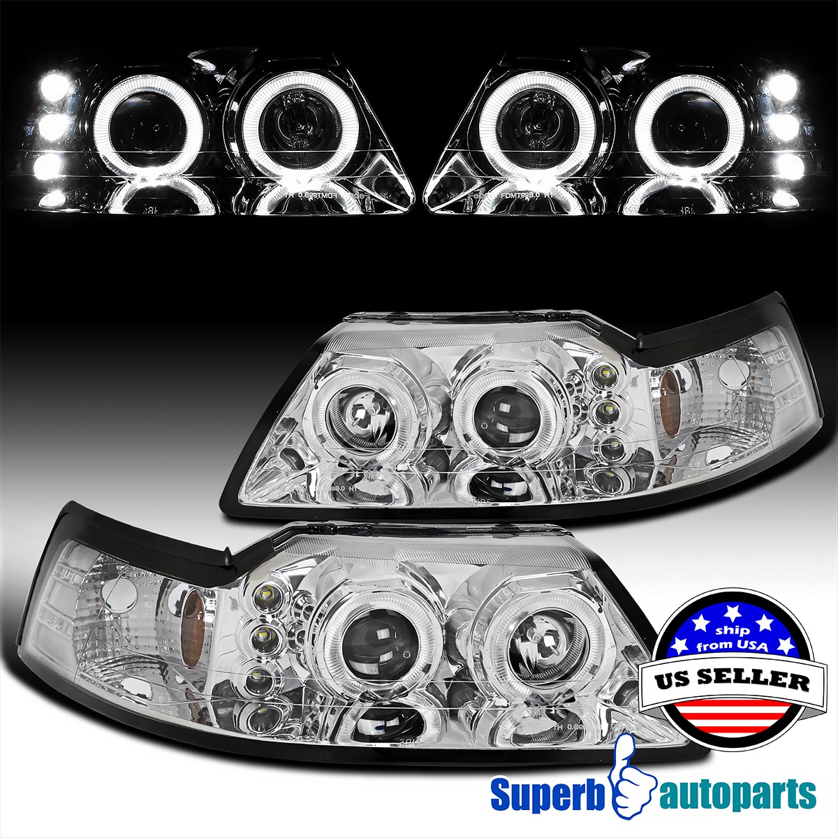 Fits 1999-2004 Ford Mustang Dual Halo Projector Headlights Lamps Pair Fits 1999-2004 Ford Mustang Dual Halo Projector Headlights Lamps Pair