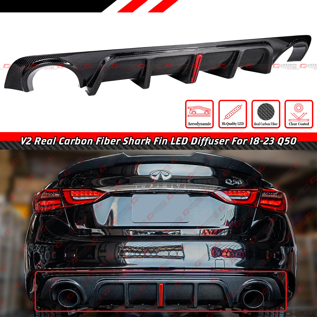 FOR 2018-2024 INFINITI Q50 JDM RS V2 LED REAL CARBON FIBER REAR BUMPER DIFFUSER FOR 2018-2024 INFINITI Q50 JDM RS V2 LED REAL CARBON FIBER REAR BUMPER DIFFUSER