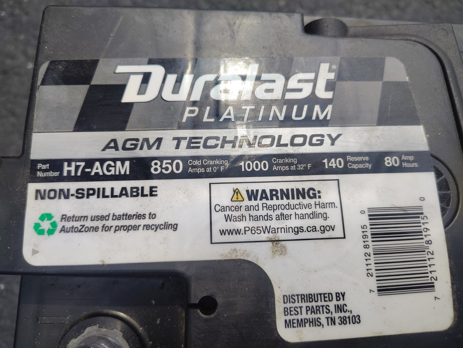 Duralast Platinum H7-AGM Battery 850 COLD CRANKING AMPS 1000 CRANKING AMPS 1YR Duralast Platinum H7-AGM Battery 850 COLD CRANKING AMPS 1000 CRANKING AMPS 1YR
