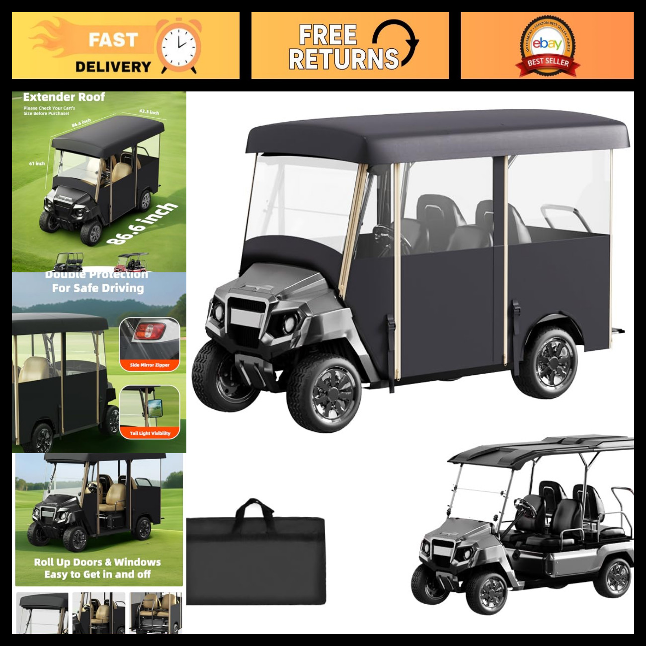 Golf Cart Cover Enclosure for 4 & 6 Passengers, Waterproof 600D Oxford, Clear Wi