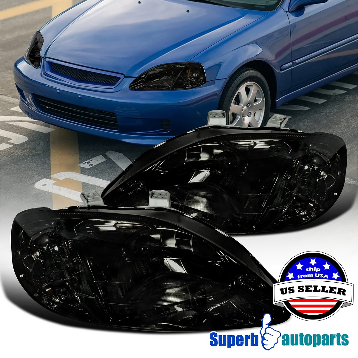 Fits 1999-2000 Honda Civic EK EX LX Si Headlights Smoke Head Lamps 99-00 Pair Fits 1999-2000 Honda Civic EK EX LX Si Headlights Smoke Head Lamps 99-00 Pair
