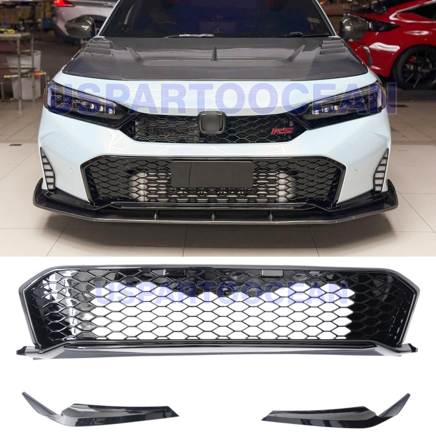FOR 2025-2026 HONDA CIVIC TYPE R STYLE HONEYCOMB FRONT LOWER GRILLE GLOSSY BLACK