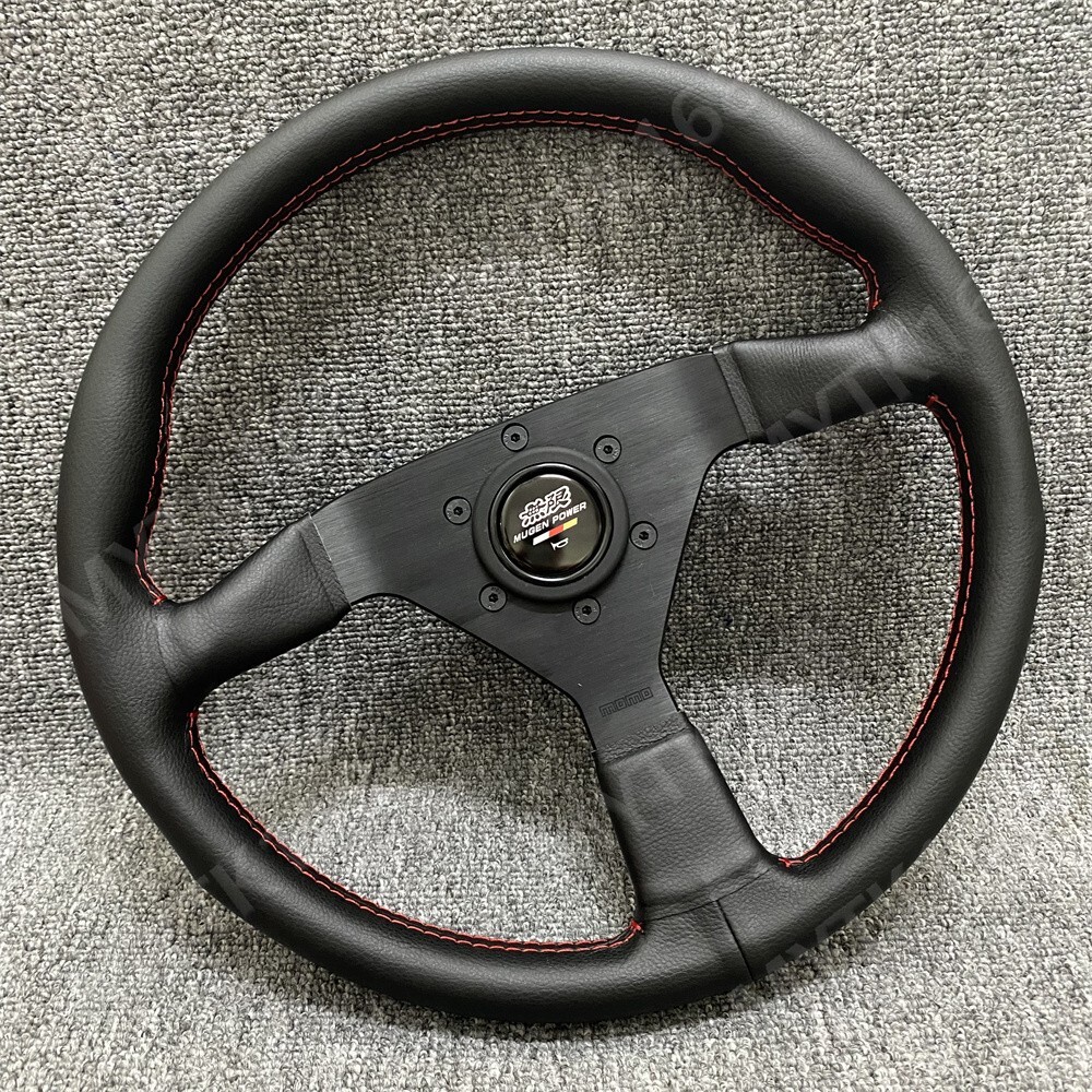 Mugen Genuine Leather Flat bracket Steering Wheel 350mm Drift Horn Black line
