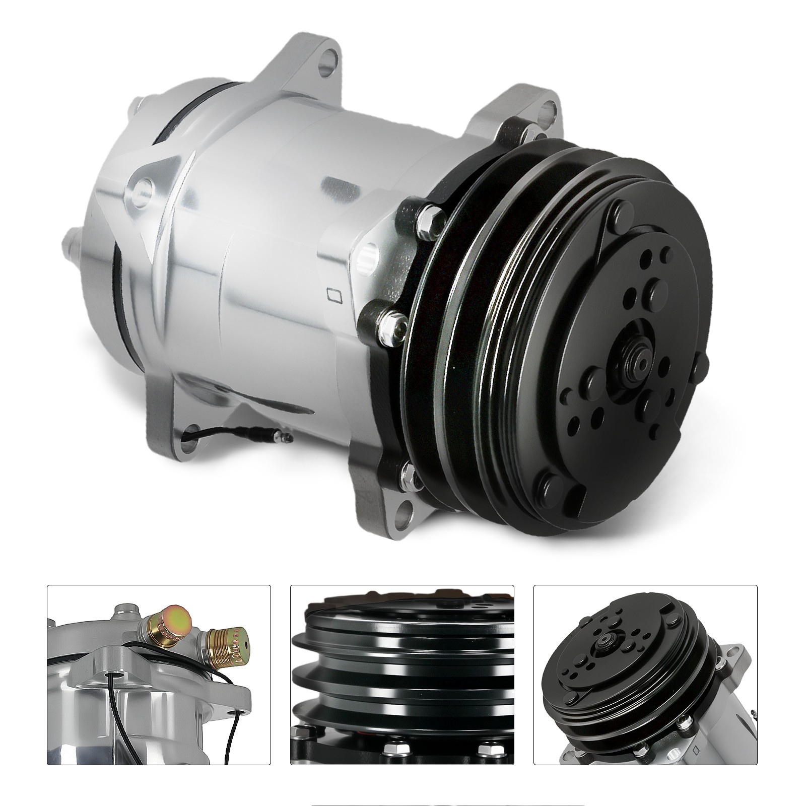 A/C Compressor w/ 2-Groove Pulley 110mm For Sanden 508 Style V-Belt 12V Chrome