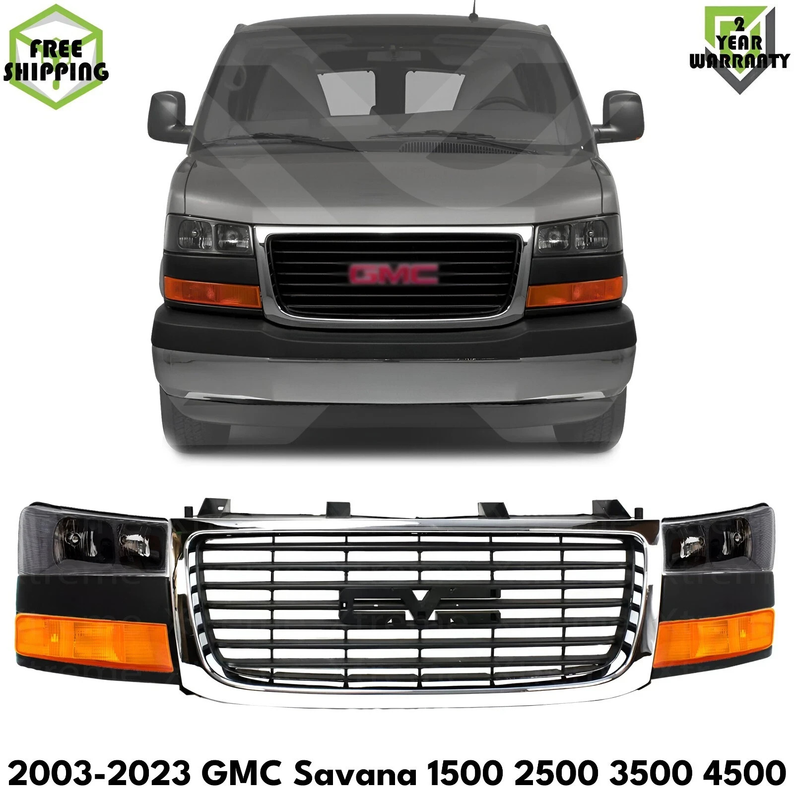 Front Grille Chrome & Headlight Kit For 2003-2023 GMC Savana 1500 2500 3500 4500
