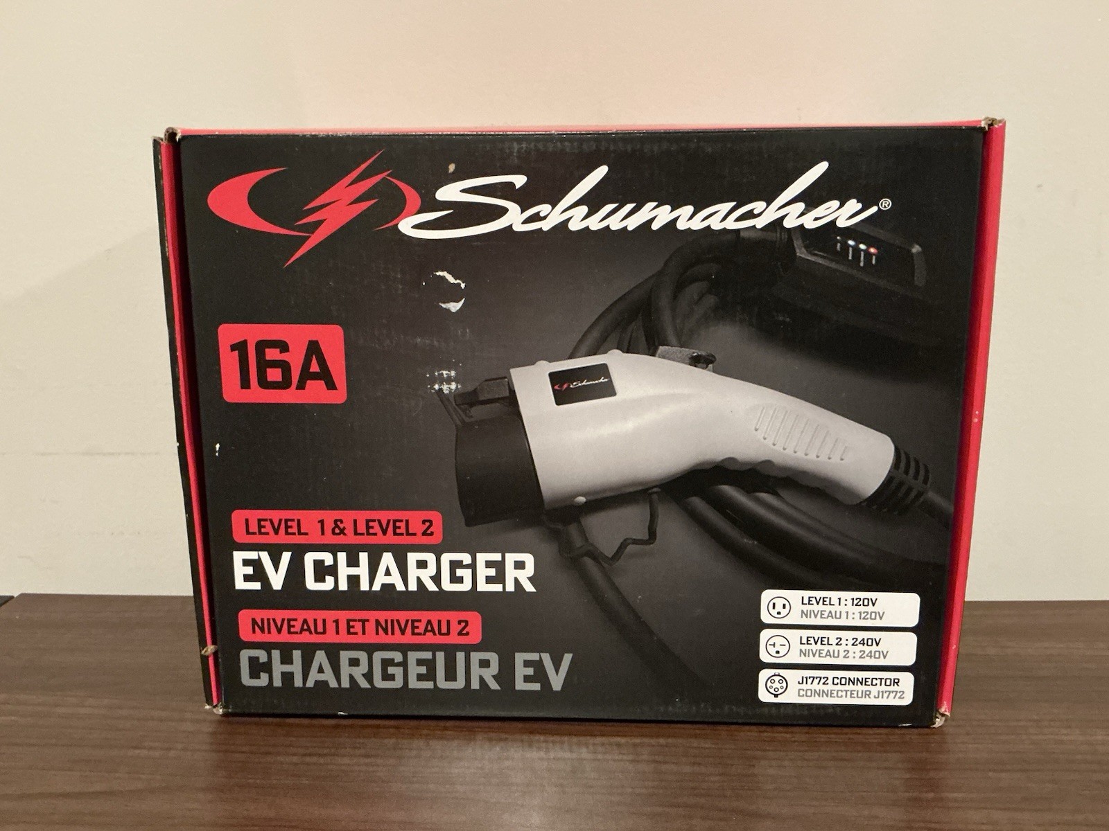 Schumacher 16A Level 1 & 2 EV Charger Model SC1455-28 ft cord 120/240V outlets Schumacher 16A Level 1 & 2 EV Charger Model SC1455-28 ft cord 120/240V outlets