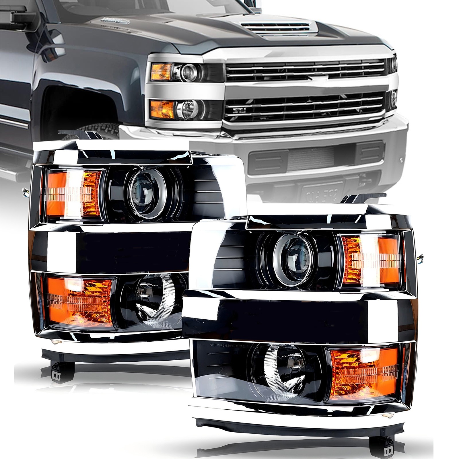 Chrome Headlights For 2015-2019 Chevy Silverado 2500HD 3500 HD Halogen Pair L+R