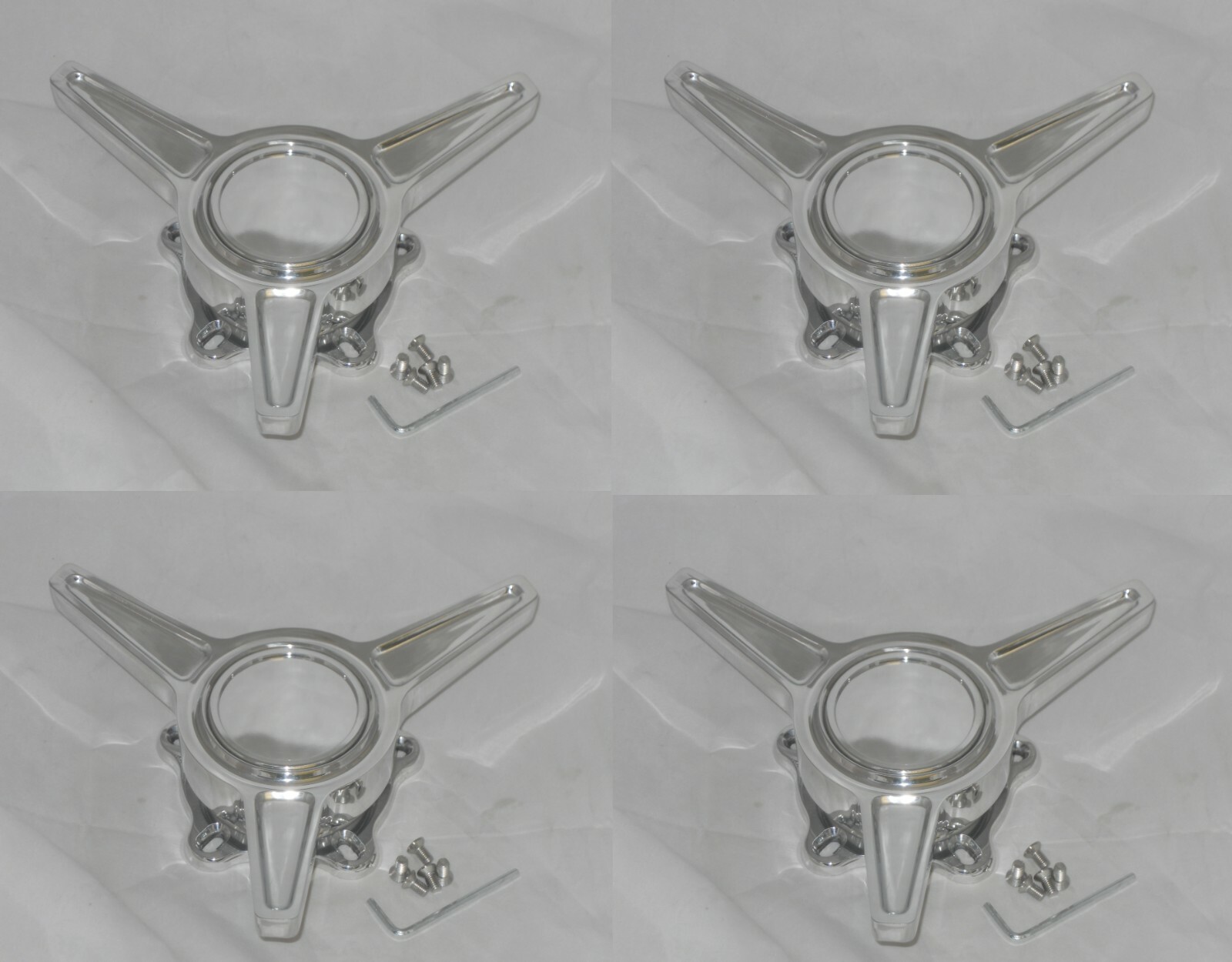 4 POLISHED ALUMINUM SPINNER TRIBAR FITS COYS SHOWWHEELS BG WHEEL RIM CENTER CAPS