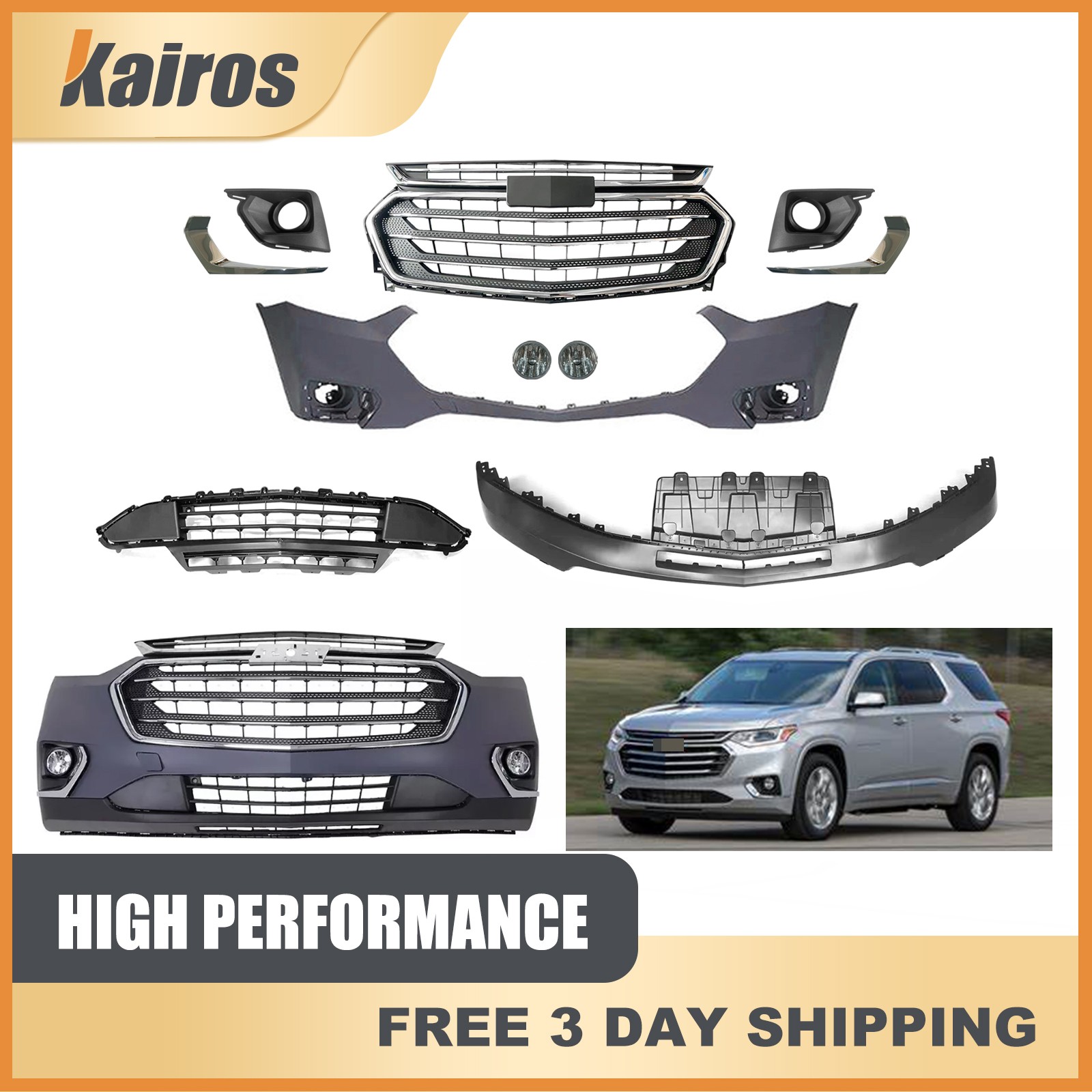 Complete Front Bumper Cover Kit with Fog Lights For 2018-2021 Chevrolet Traverse