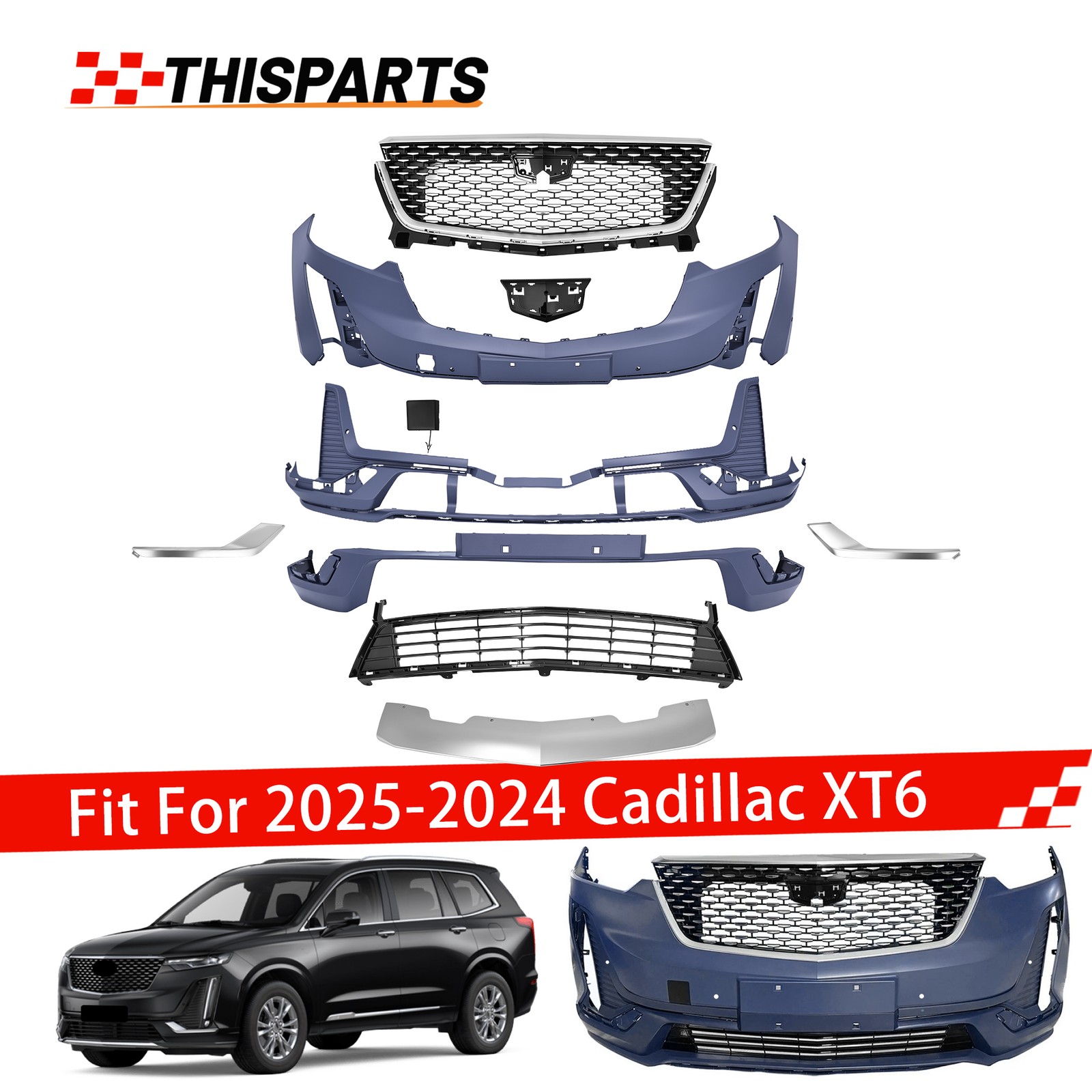 For 2020-2025 Cadillac XT6 Primed Front Bumper Cover Grille Chrome Trim W/Hole For 2020-2025 Cadillac XT6 Primed Front Bumper Cover Grille Chrome Trim W/Hole