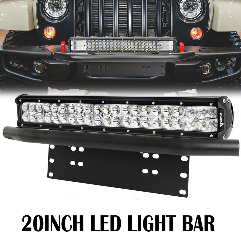 20'' 126W Combo LED Light Bar+ 23'' Bull Bar Front Bumper License Plate Brackets