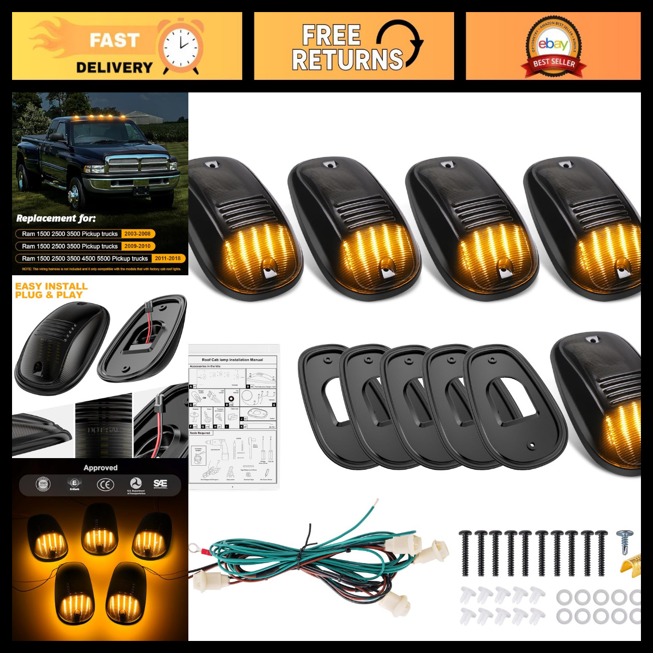 LED Cab Roof Light Kit for 2003-2018 Ram 1500/2500/3500/4500/5500, Smoked Lens, LED Cab Roof Light Kit for 2003-2018 Ram 1500/2500/3500/4500/5500, Smoked Lens,