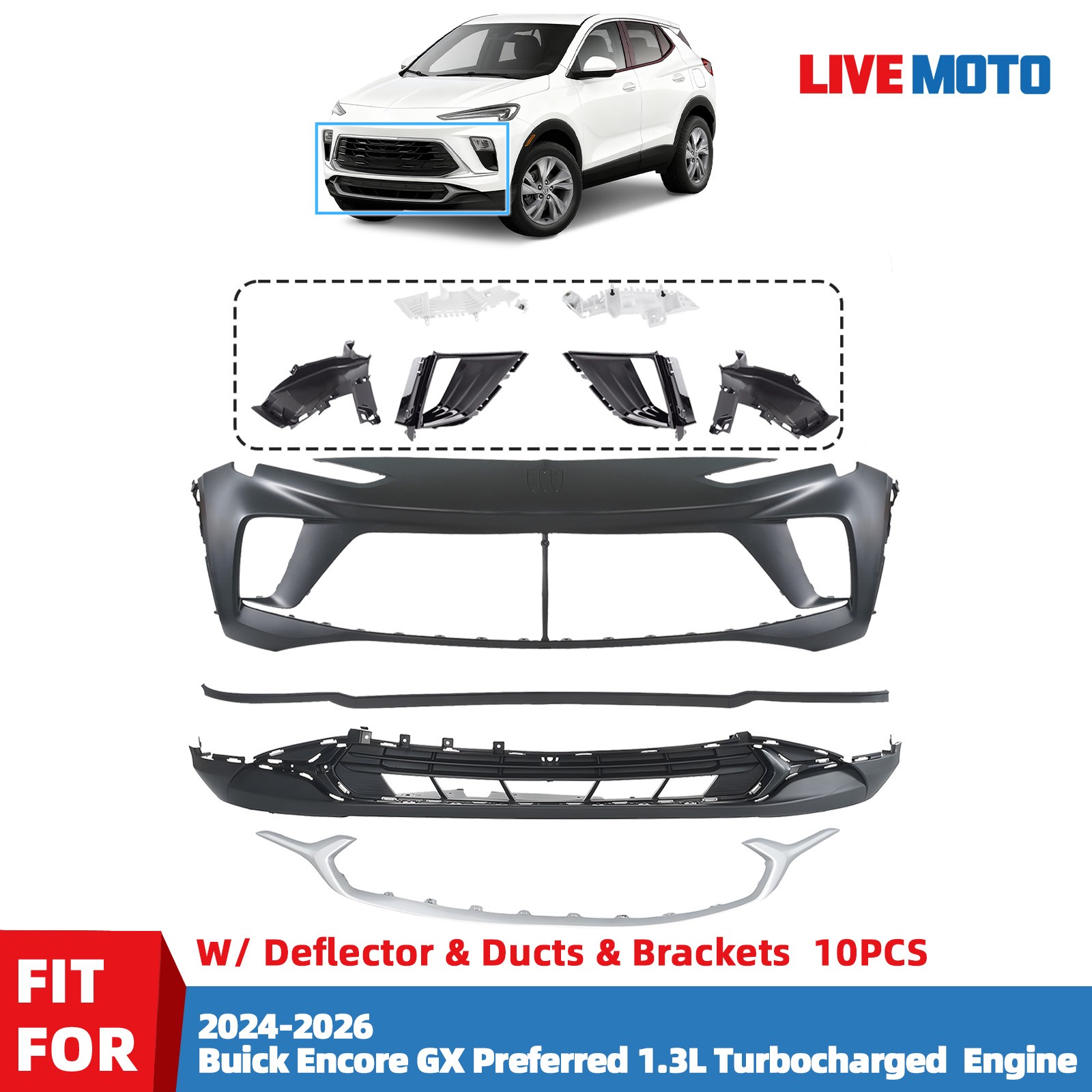 For 2024-2026 Buick Encore GX Front Bumper Assembly w/ Deflector& Bracket & Duct For 2024-2026 Buick Encore GX Front Bumper Assembly w/ Deflector& Bracket & Duct