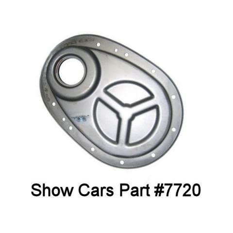 348 409 58 64 65 CHEVY STEEL TIMING CHAIN COVER WITH LOW PERF TIMING TAB U.S.A.