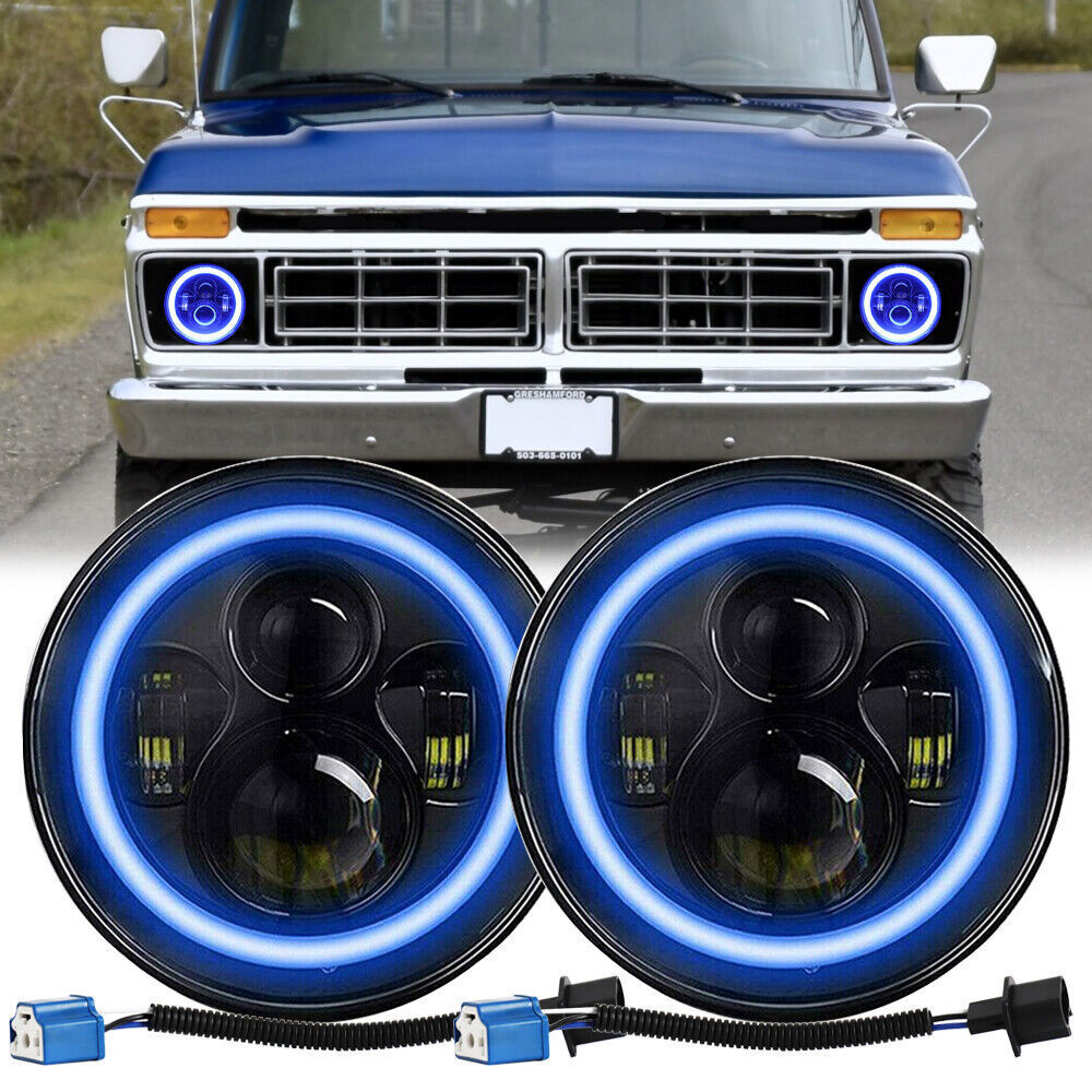 Pair 7''Inch LED Headlights Halo DRL For Ford F-100 F-250 F-350 Pickup 1953-1977