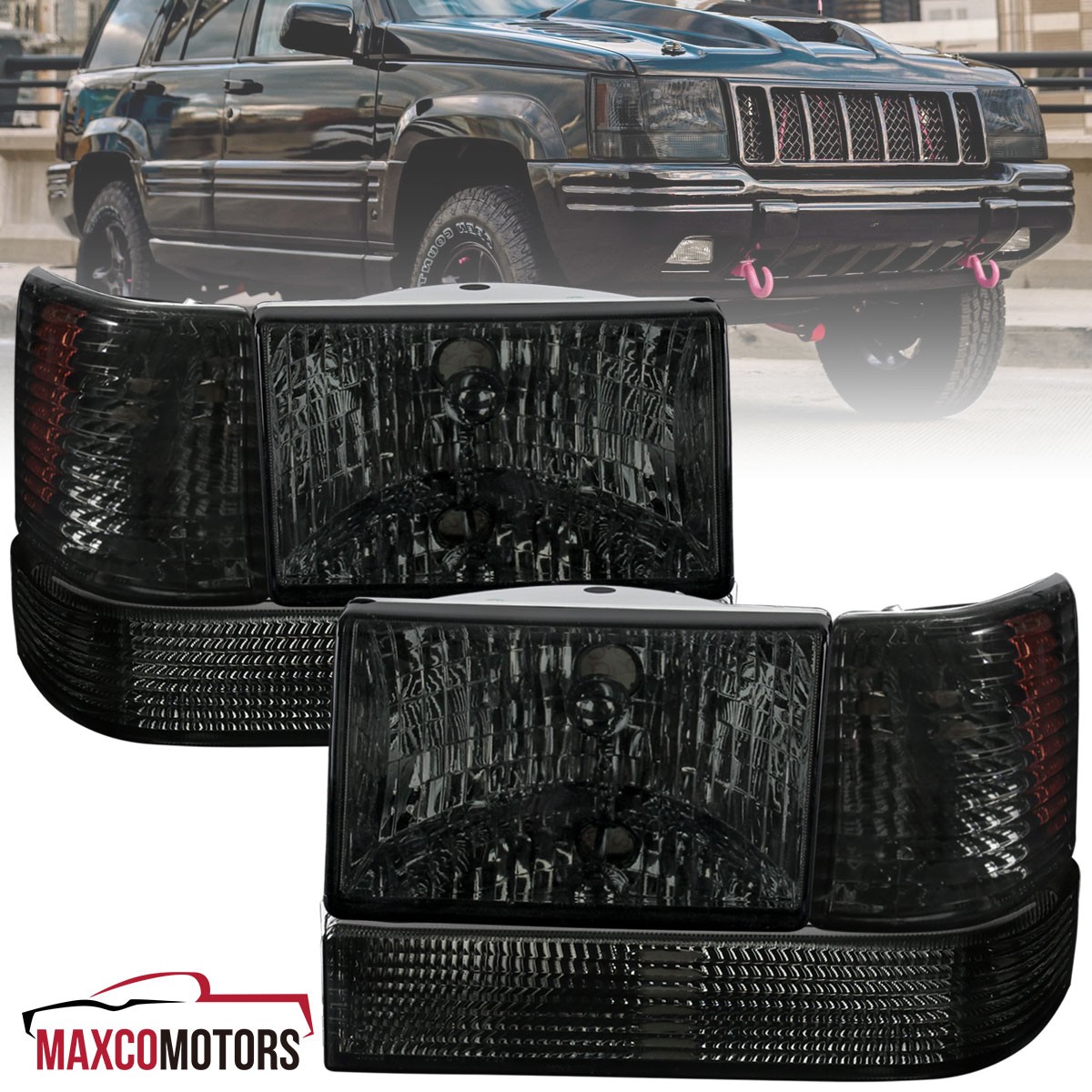 Smoke Headlights+Bumper Corner Signal Lamps Fits 1993-1996 Grand Cherokee 93-96