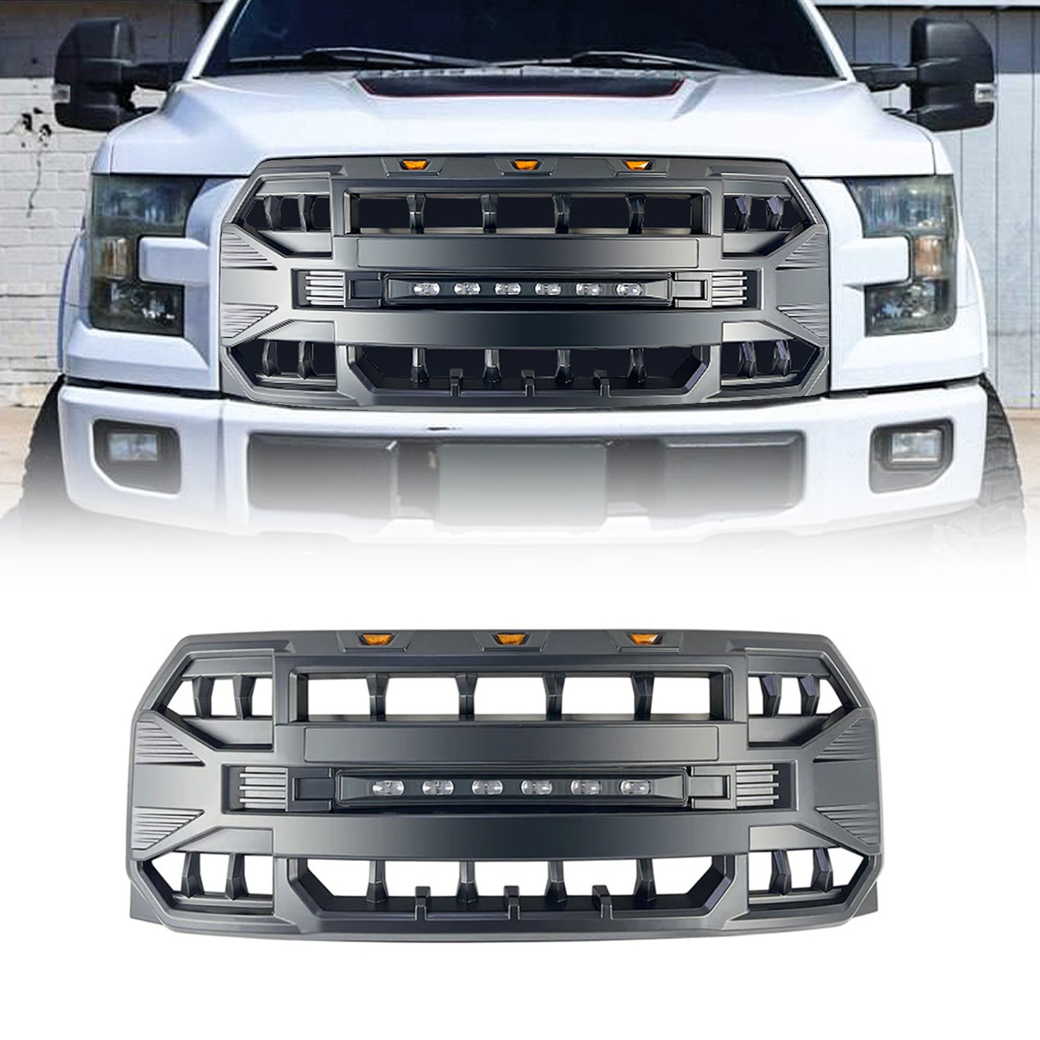 For 15-17 F150 Front Bumper Grille Armor Grill w/Off-Road Lights Matte Black For 15-17 F150 Front Bumper Grille Armor Grill w/Off-Road Lights Matte Black