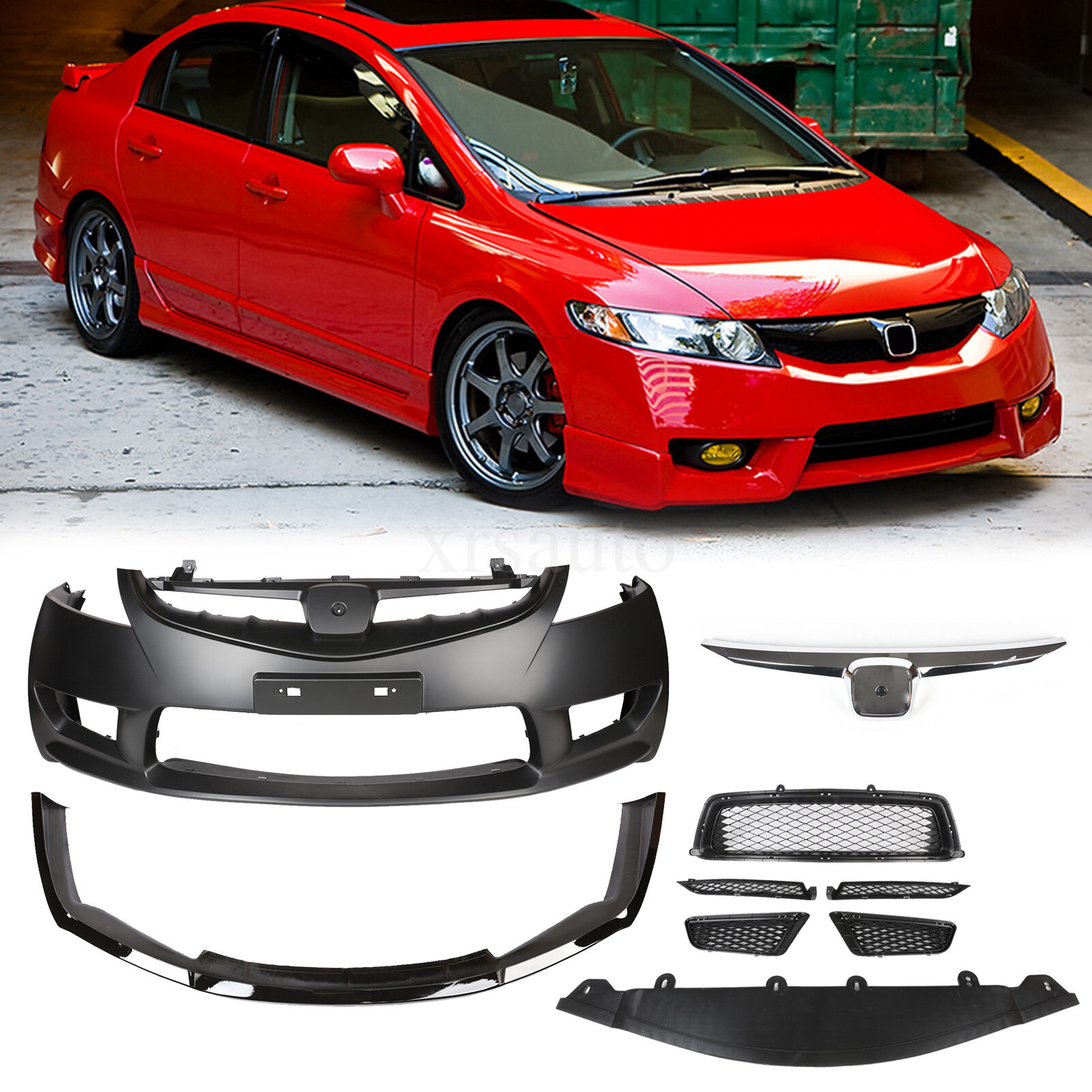Type R Style Front Bumper W/Grille W/Spoiler For 06-11 Honda Civic 4DR HO1000239