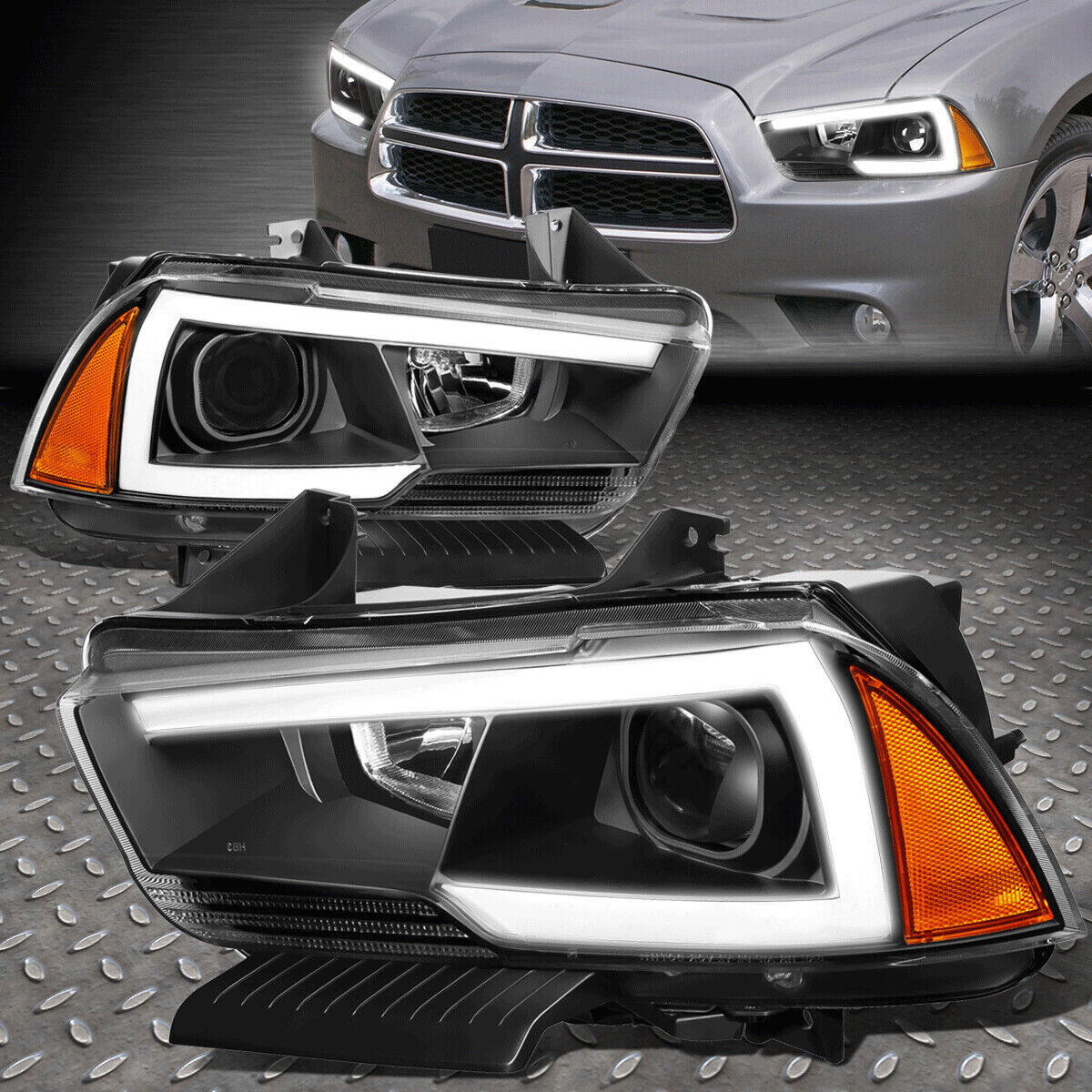 [LED DRL] FOR 11-14 DODGE CHARGER BLACK AMBER PROJECTOR HEADLIGHT HEAD LAMPS SET