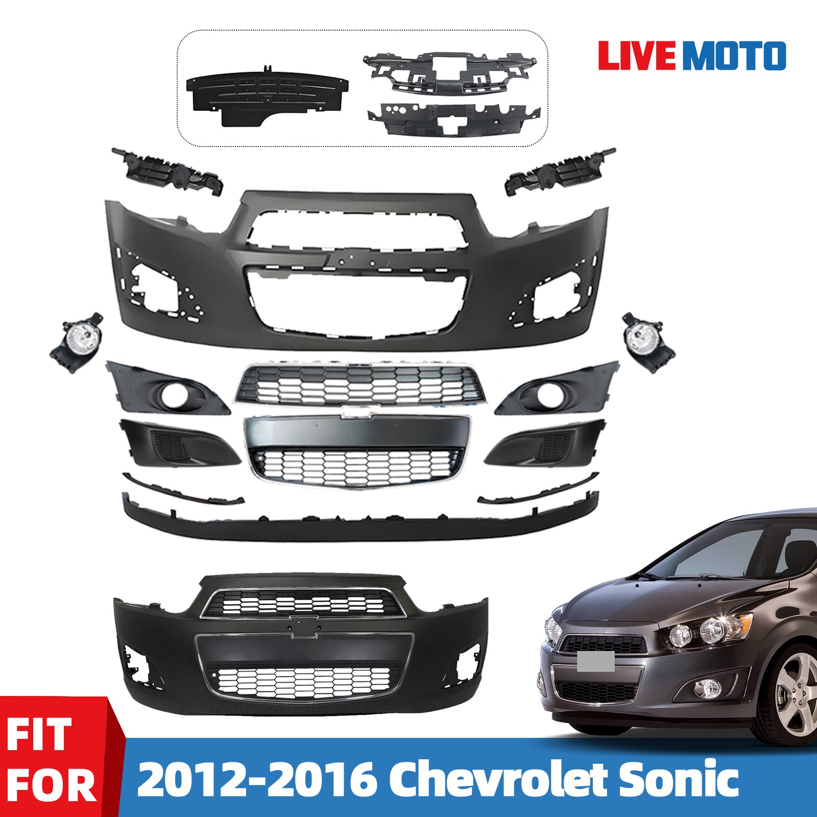 For 2012-2016 Chevy Sonic Front Bumper Cover Grille Assembly w/ Fog Light Bezel For 2012-2016 Chevy Sonic Front Bumper Cover Grille Assembly w/ Fog Light Bezel