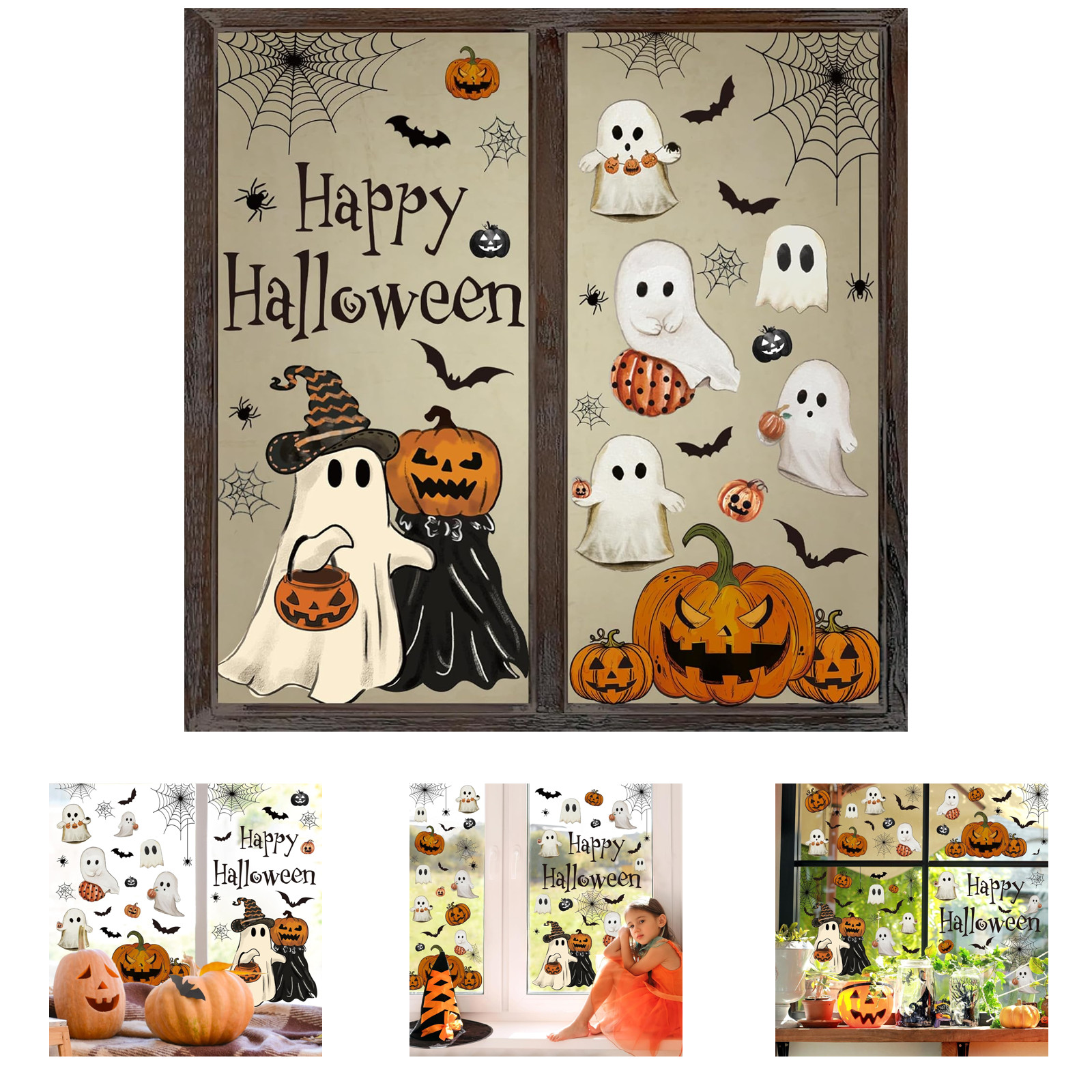 Halloween Window Clings Vintage Ghost Pumpkin Bat Reusable Decals for Fall Party Halloween Window Clings Vintage Ghost Pumpkin Bat Reusable Decals for Fall Party