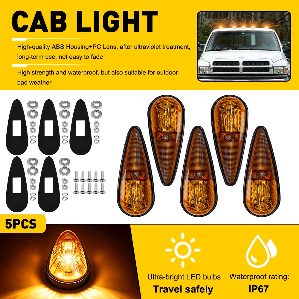 5X Amber Teardrop Cab Light+LED Cab Marker Light Front Top Clearance Roof Lamp A