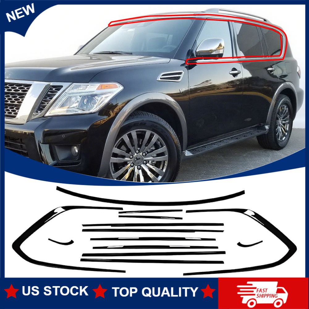 For Nissan Armada 2018-2024 Gloss Black Window Molding Trim Frame Strips 13pcs 