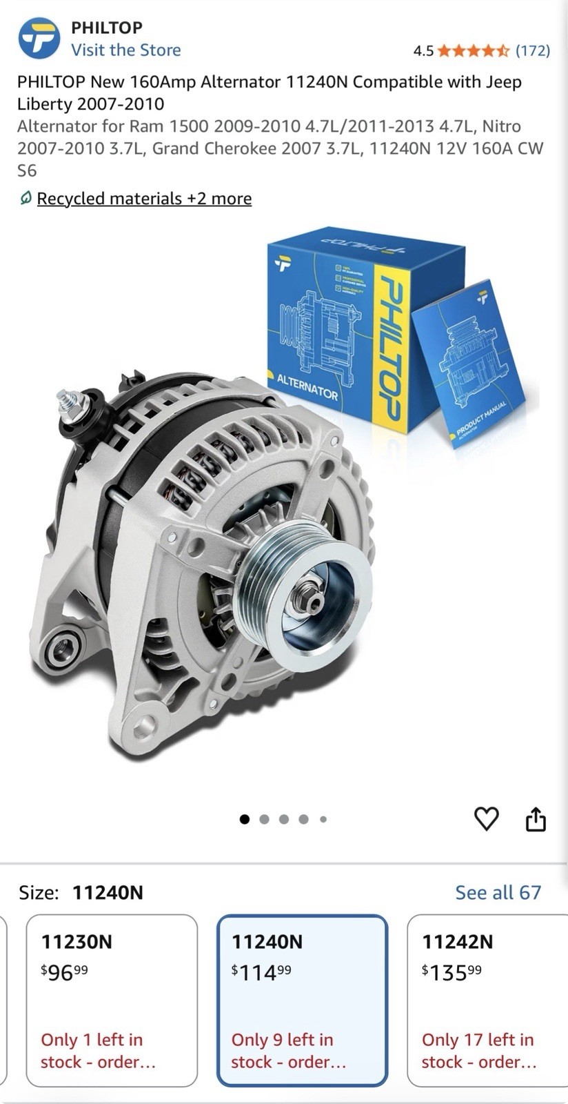 Jeep Liberty Nitro Grand Cherokee Alternator 160A 11240N 2007-2013