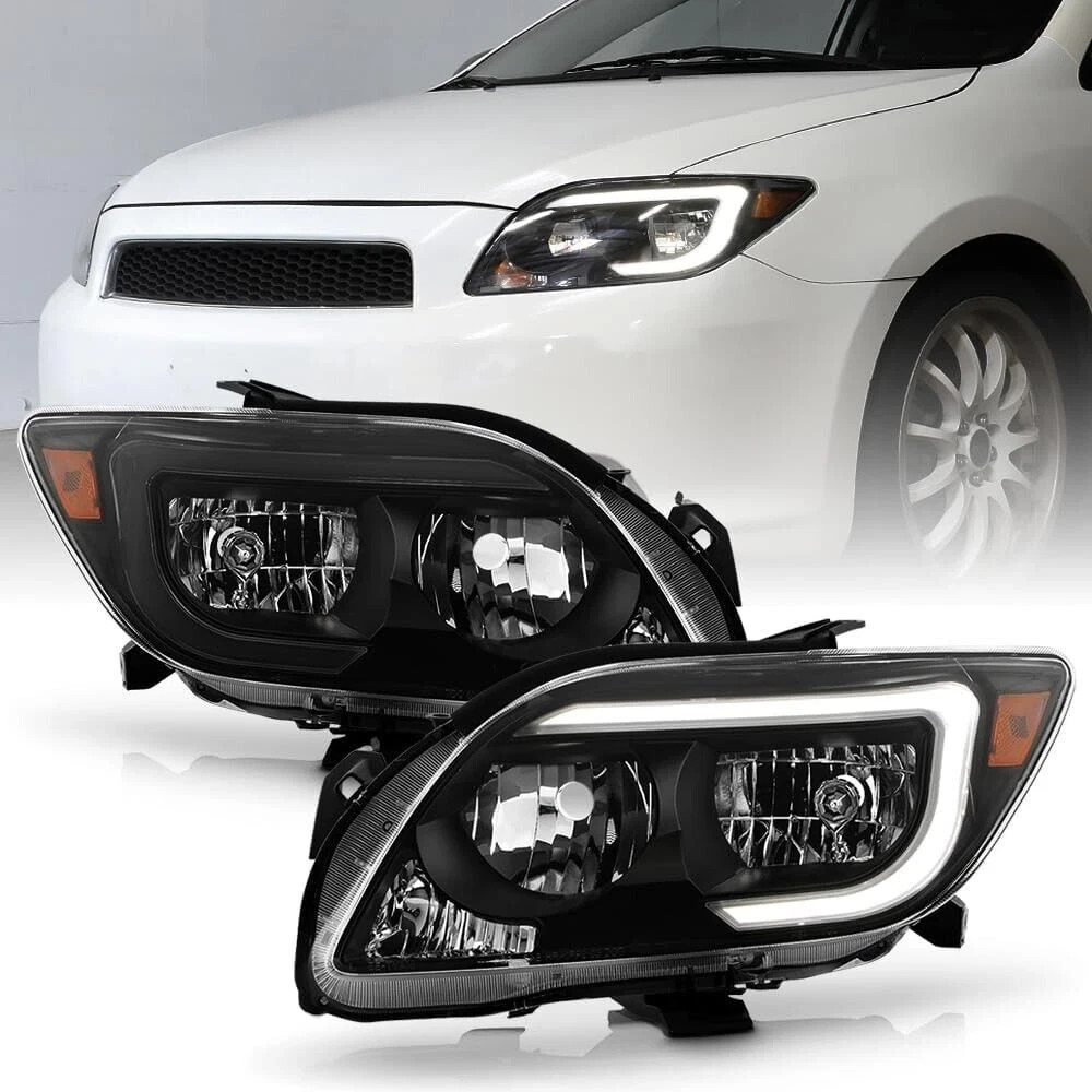 For 2005-2007 Scion tC LED Tube Black Headlights Headlamps Pair Left+Right