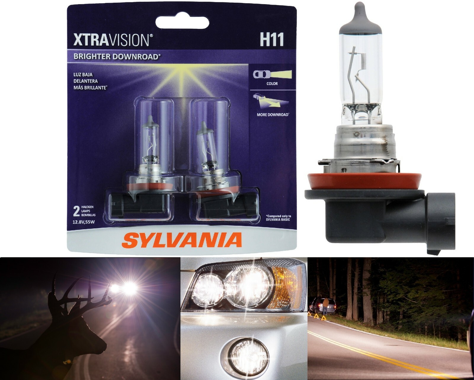 Sylvania Xtra Vision H11 55W Two Bulbs Headlight High Beam Replacement Upgrade