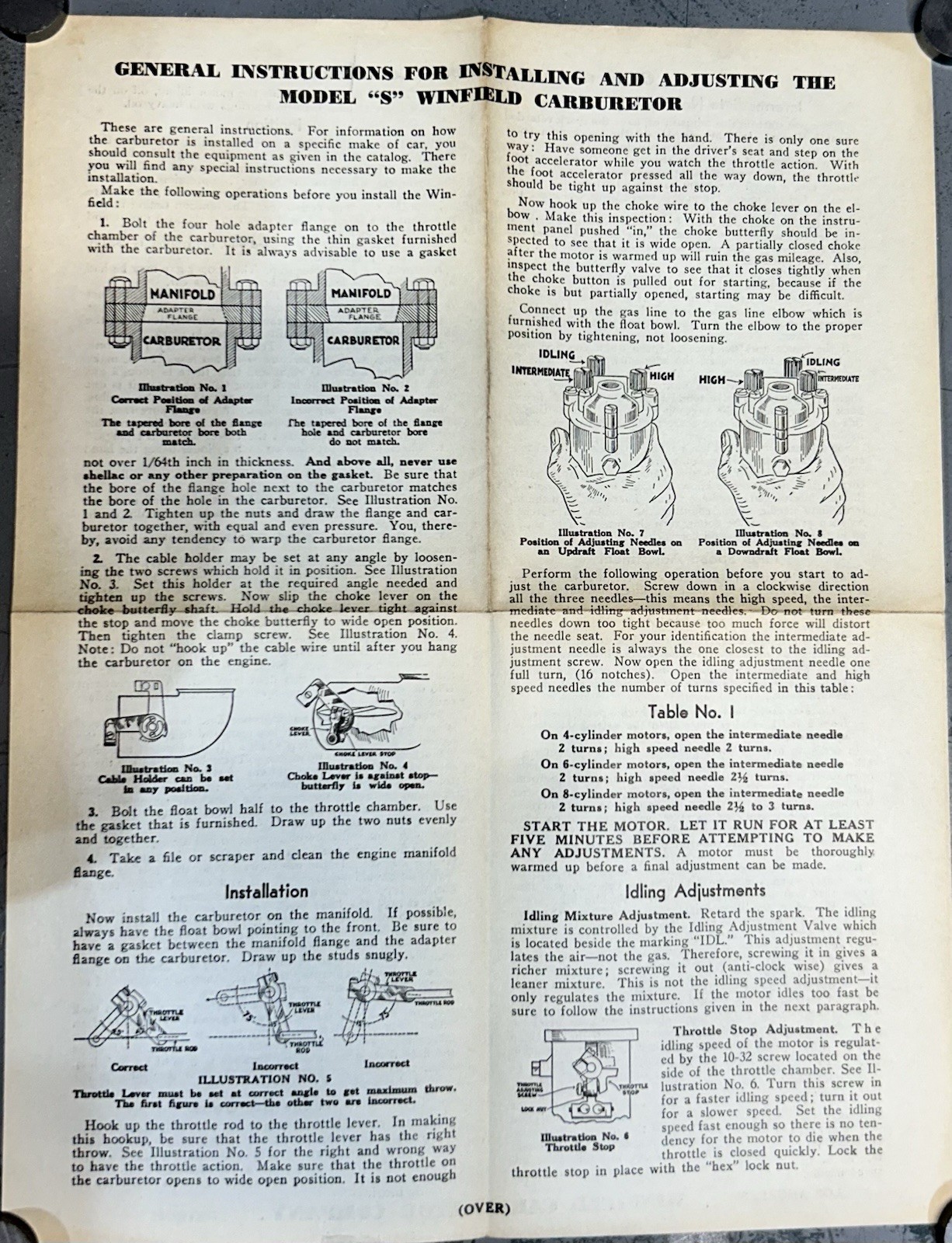 ORIGINAL Winfield Carburetor Model S Installation And Adjusting Instructions ORIGINAL Winfield Carburetor Model S Installation And Adjusting Instructions