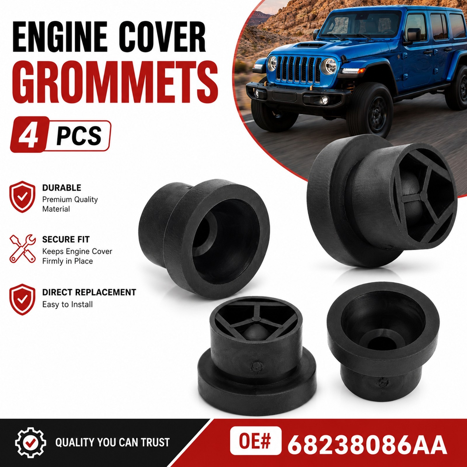 4Pcs Engine Cover Rubber Grommet For Jeep Dodge Chrysler Ram 2014- 68238086AA