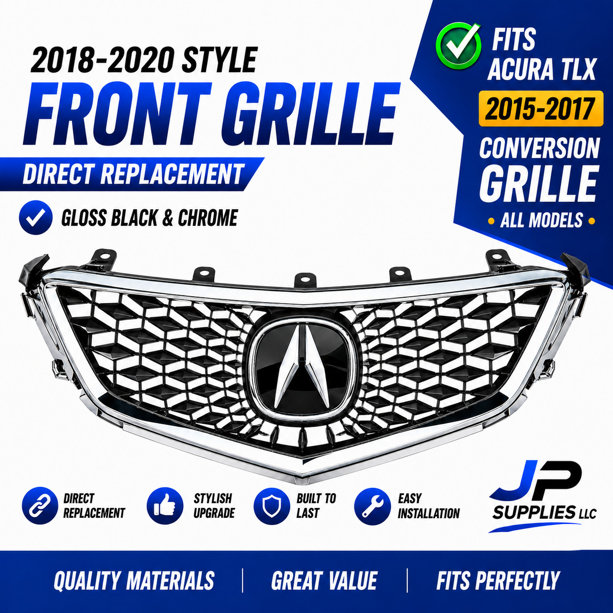 For 2015-2017 Acura TLX 2018-2020 Style Black Front Grille Chrome OEM Emblem