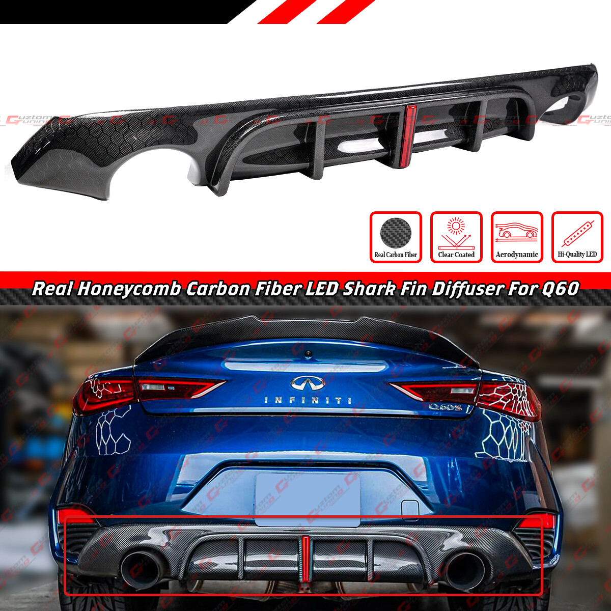 FOR 2017-22 INFINITI Q60 RS JDM LED HONEYCOMB CARBON FIBER REAR BUMPER DIFFUSER FOR 2017-22 INFINITI Q60 RS JDM LED HONEYCOMB CARBON FIBER REAR BUMPER DIFFUSER